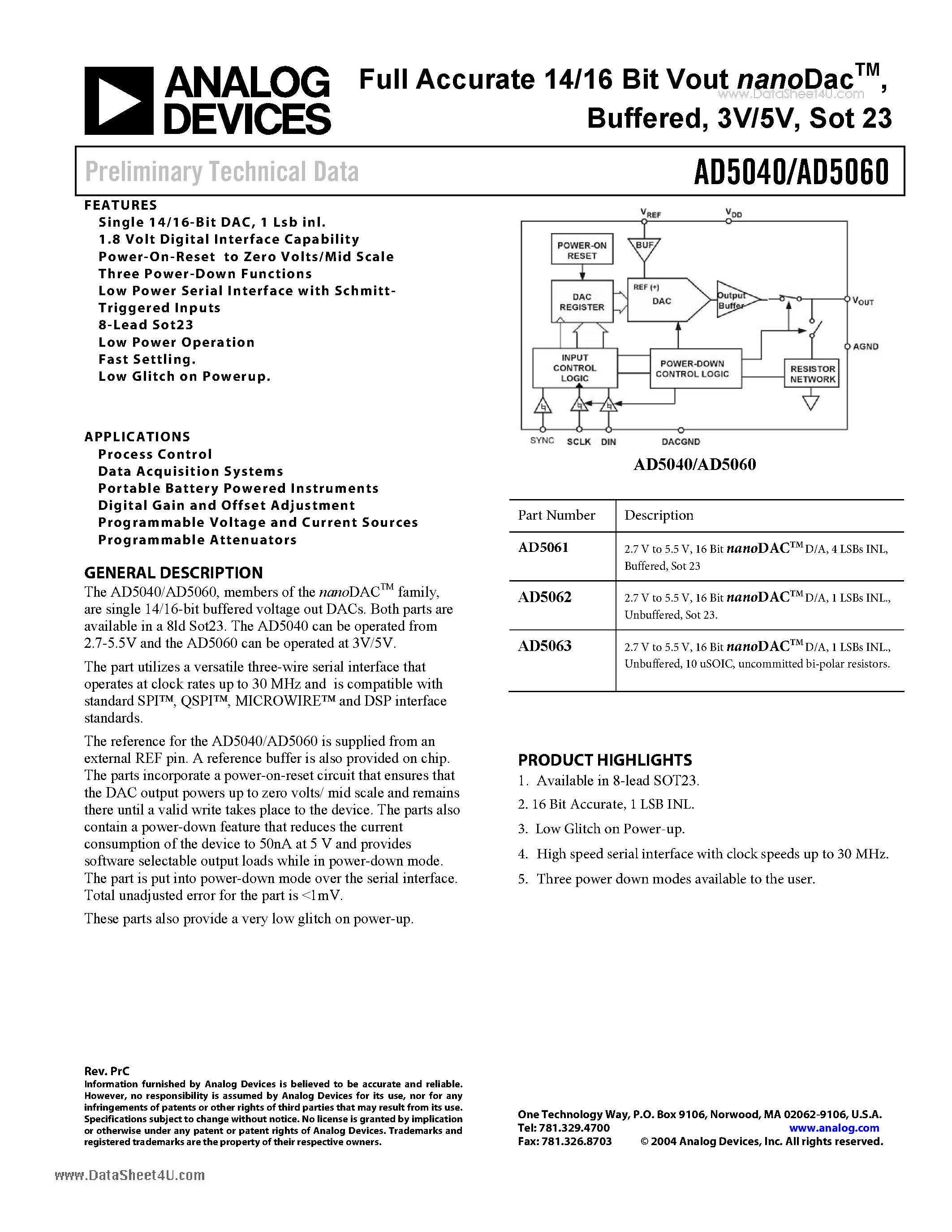 Datasheet AD5040 - Full Accurate 14/16 Bit Vout nanoDac Buffered 3V/5V Sot 23 page 1