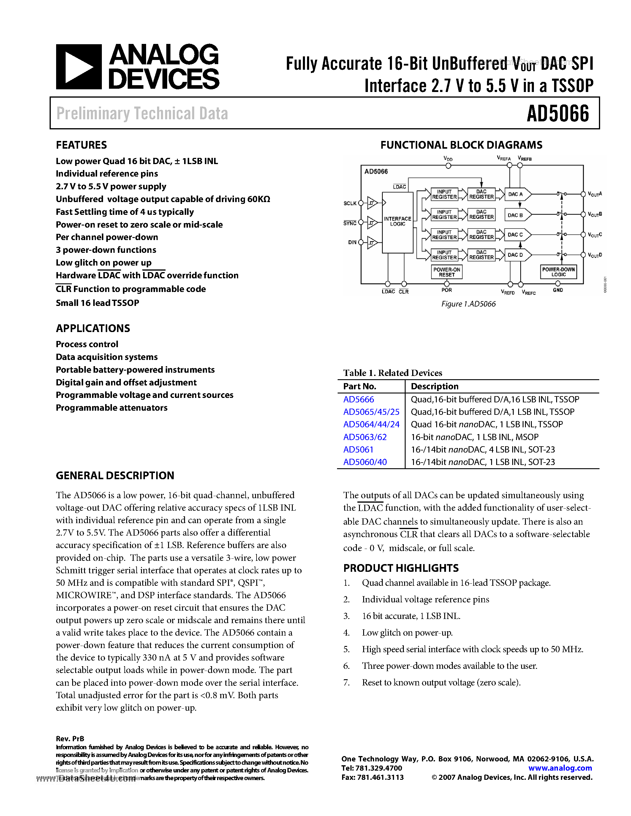 Даташит на микросхему AD5066 страница 1 Даташит AD5066 - Fully Accurate 16-Bit UnBuffered VOUT DAC SPI Interface 2.7 V to 5.5 V страница 1