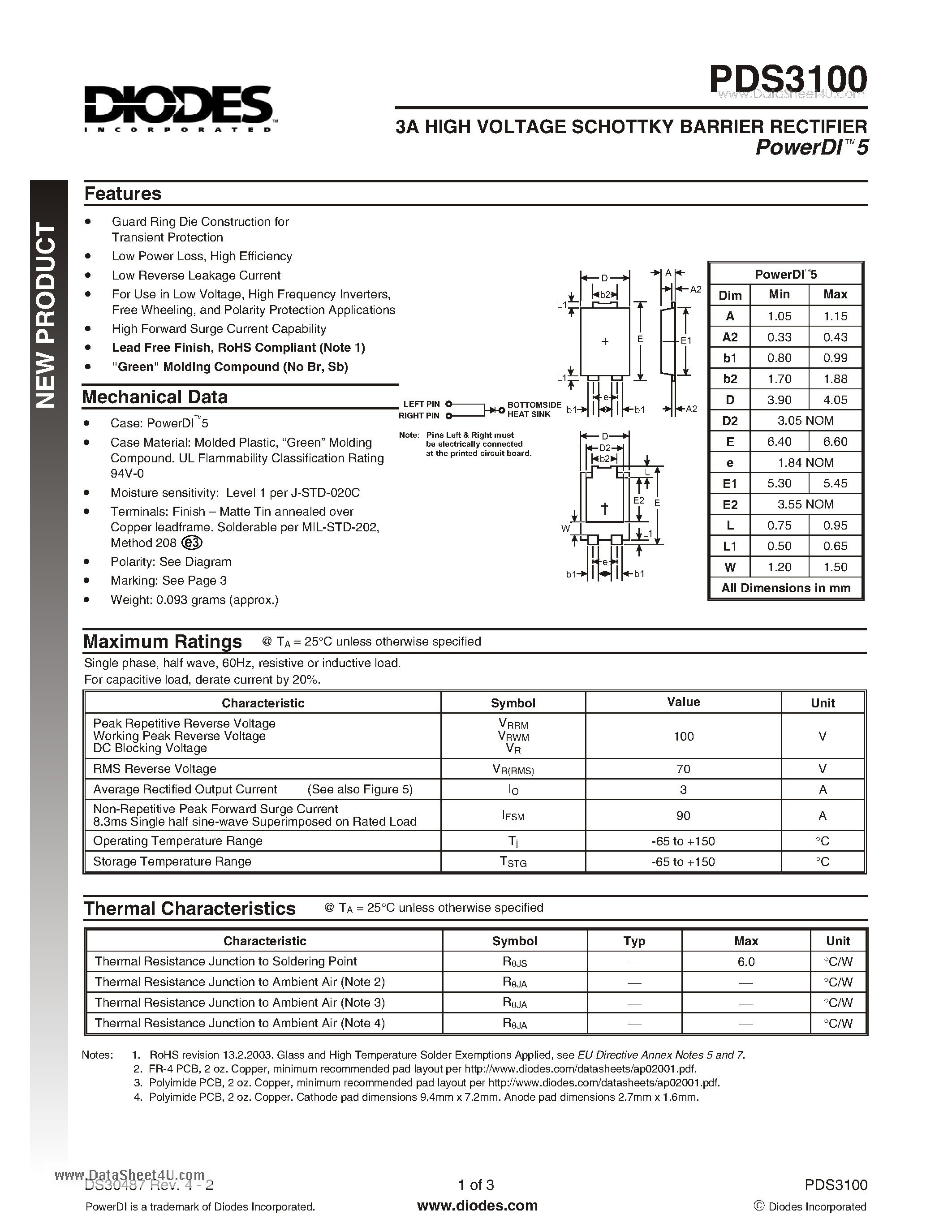 Даташит PDS3100 - 3A HIGH VOLTAGE SCHOTTKY BARRIER RECTIFIER PowerDI 5 страница 1