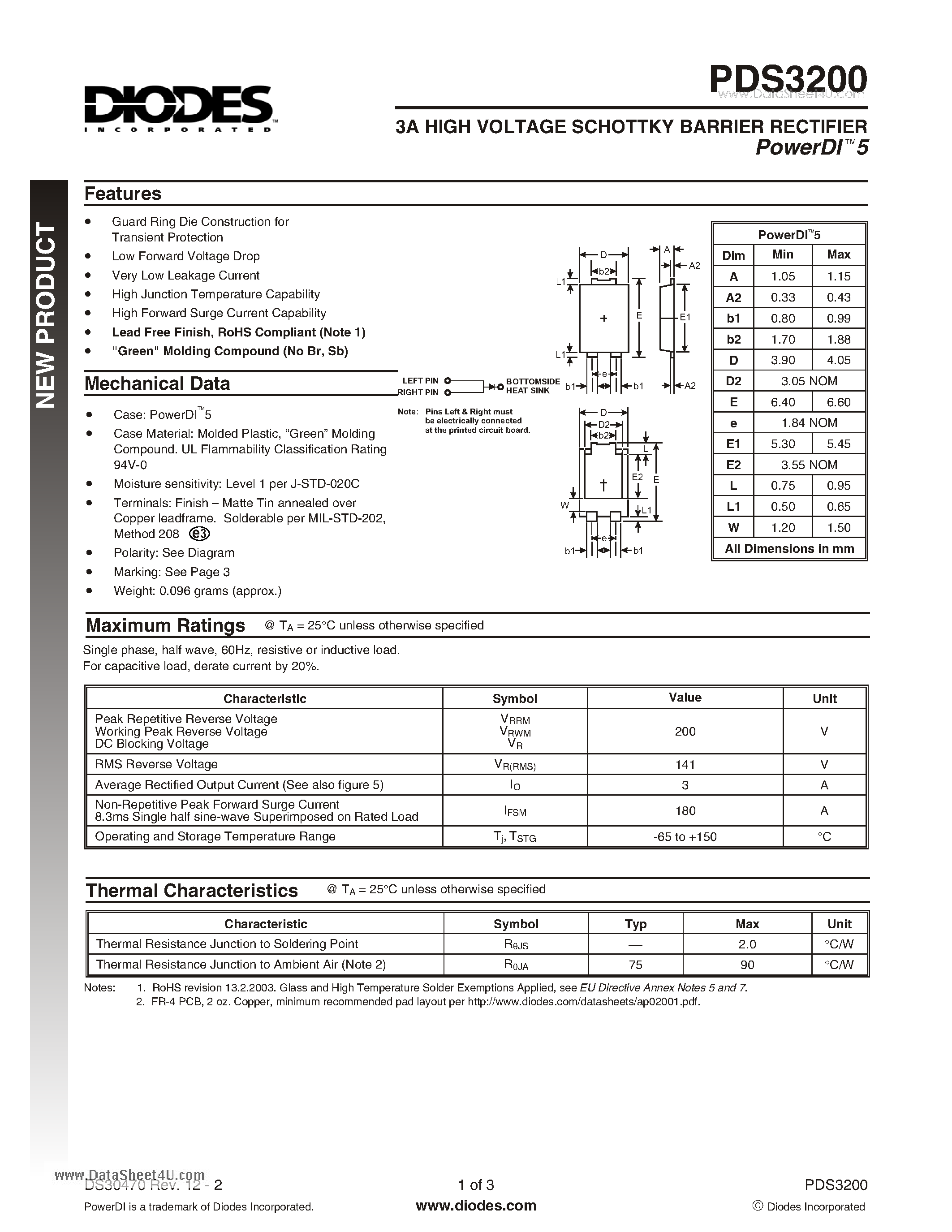 Datasheet PDS3200 - 3A HIGH VOLTAGE SCHOTTKY BARRIER RECTIFIER PowerDI 5 page 1