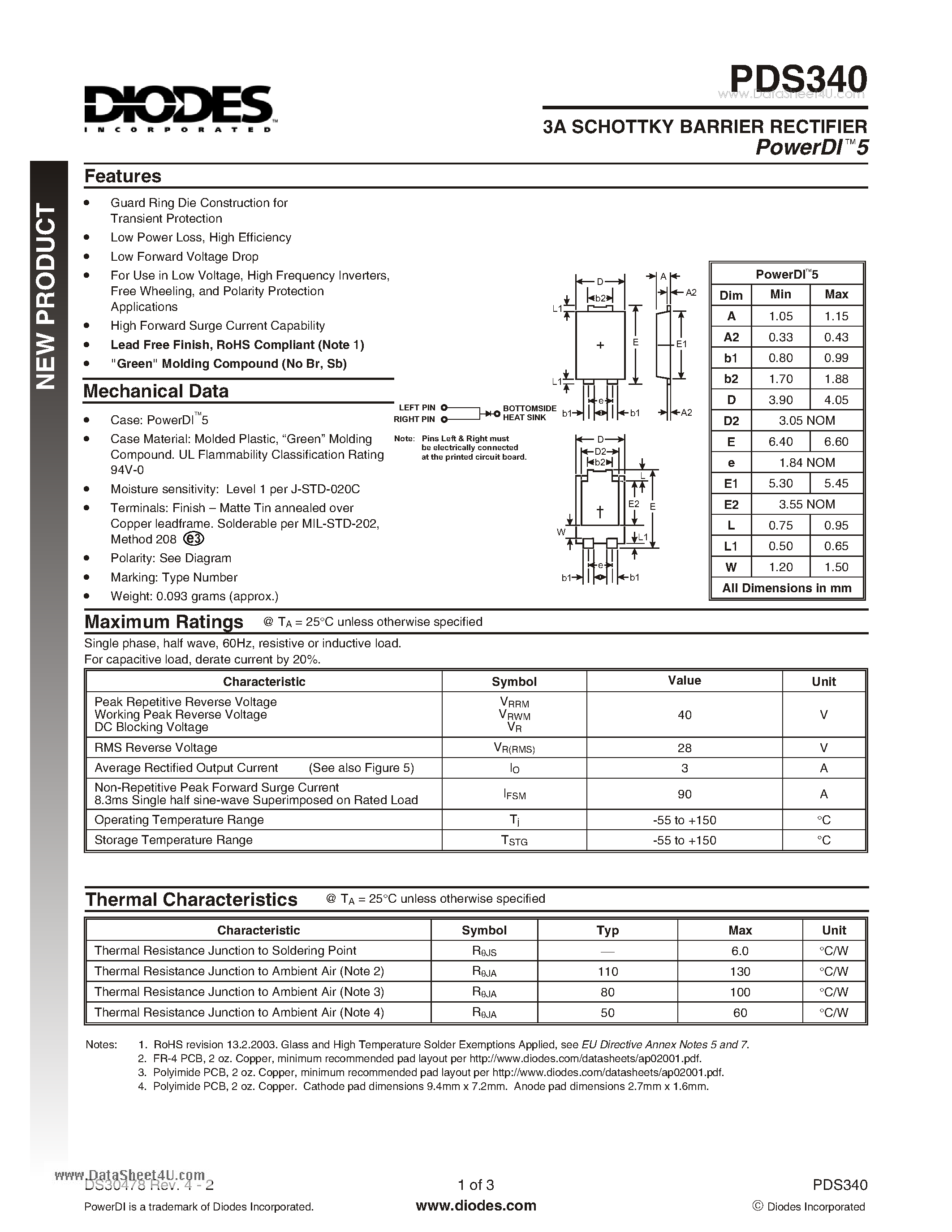 Даташит PDS340 - 3A SCHOTTKY BARRIER RECTIFIER страница 1