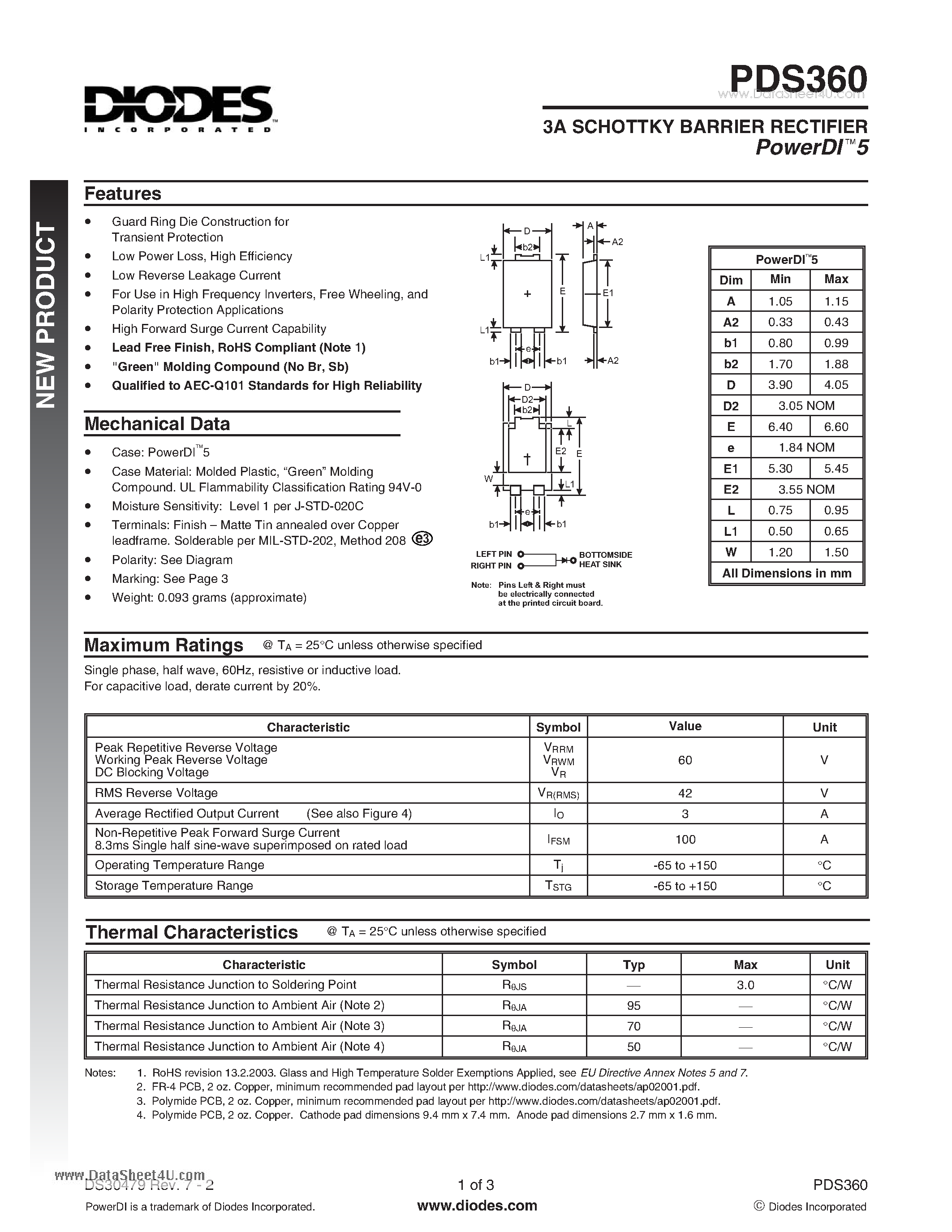 Даташит PDS360 - 3A SCHOTTKY BARRIER RECTIFIER страница 1
