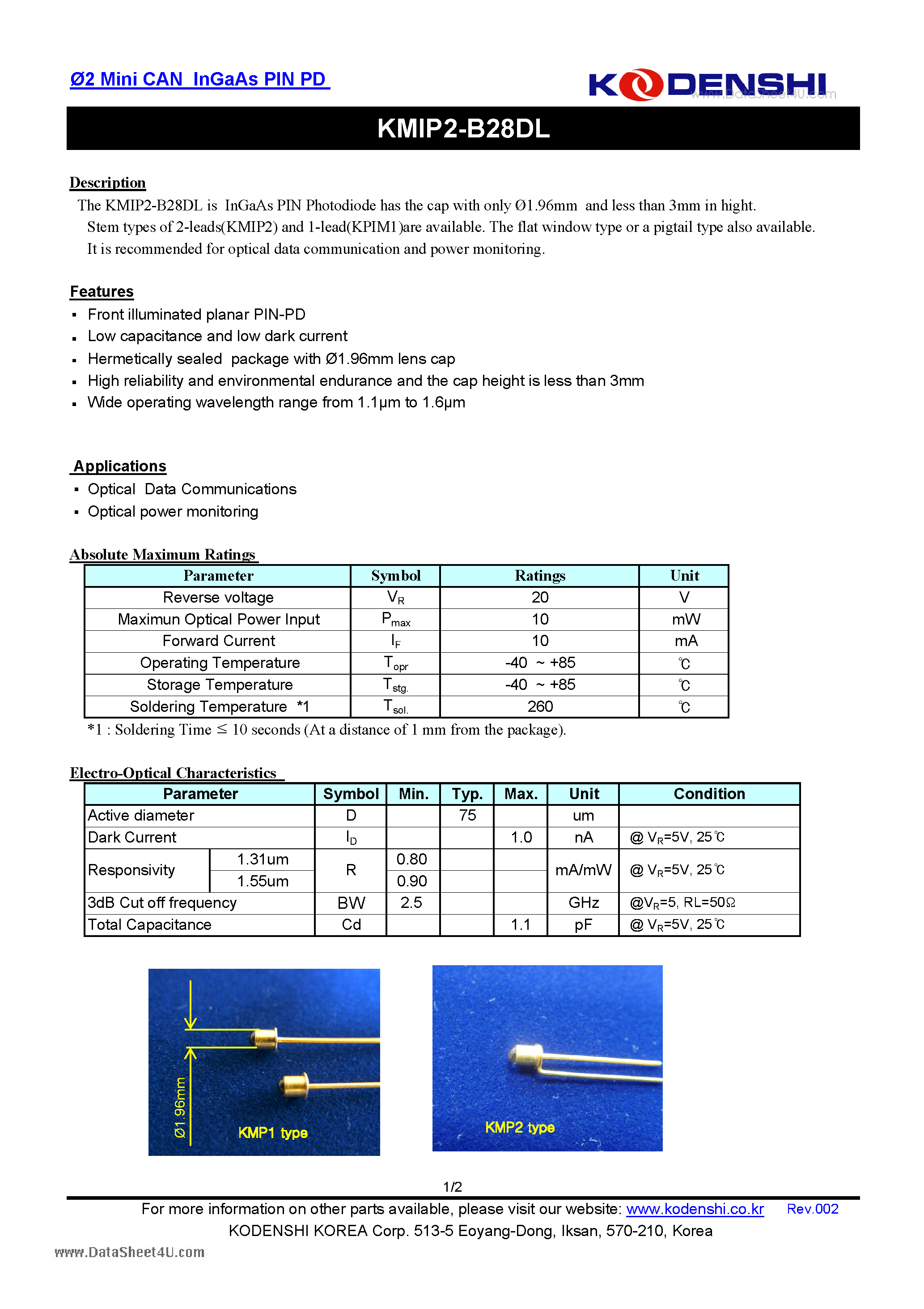 Datasheet KMIP2-B28DL - 2 Mini CAN InGaAs PIN PD page 1