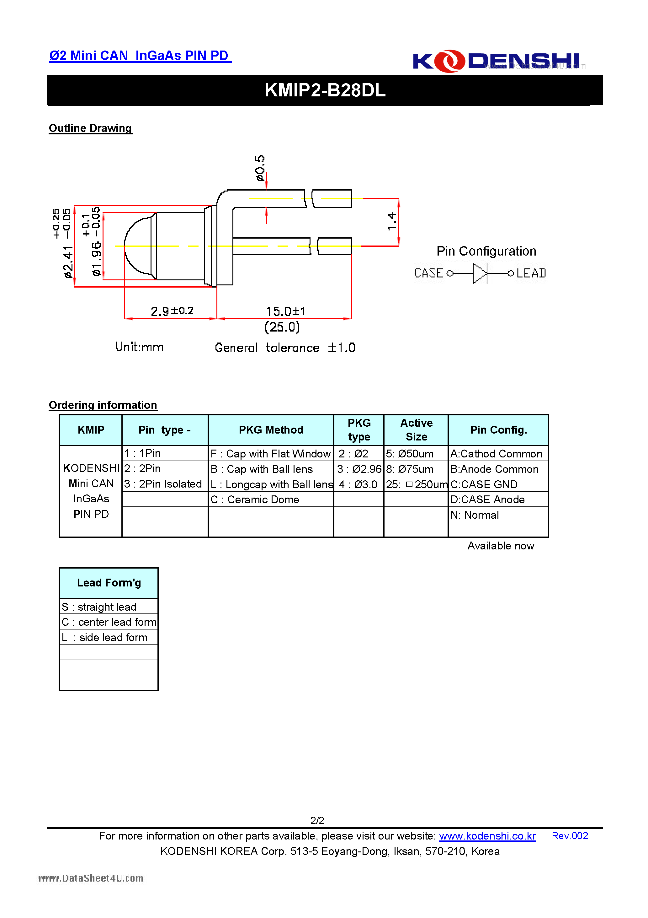 Datasheet KMIP2-B28DL - 2 Mini CAN InGaAs PIN PD page 2
