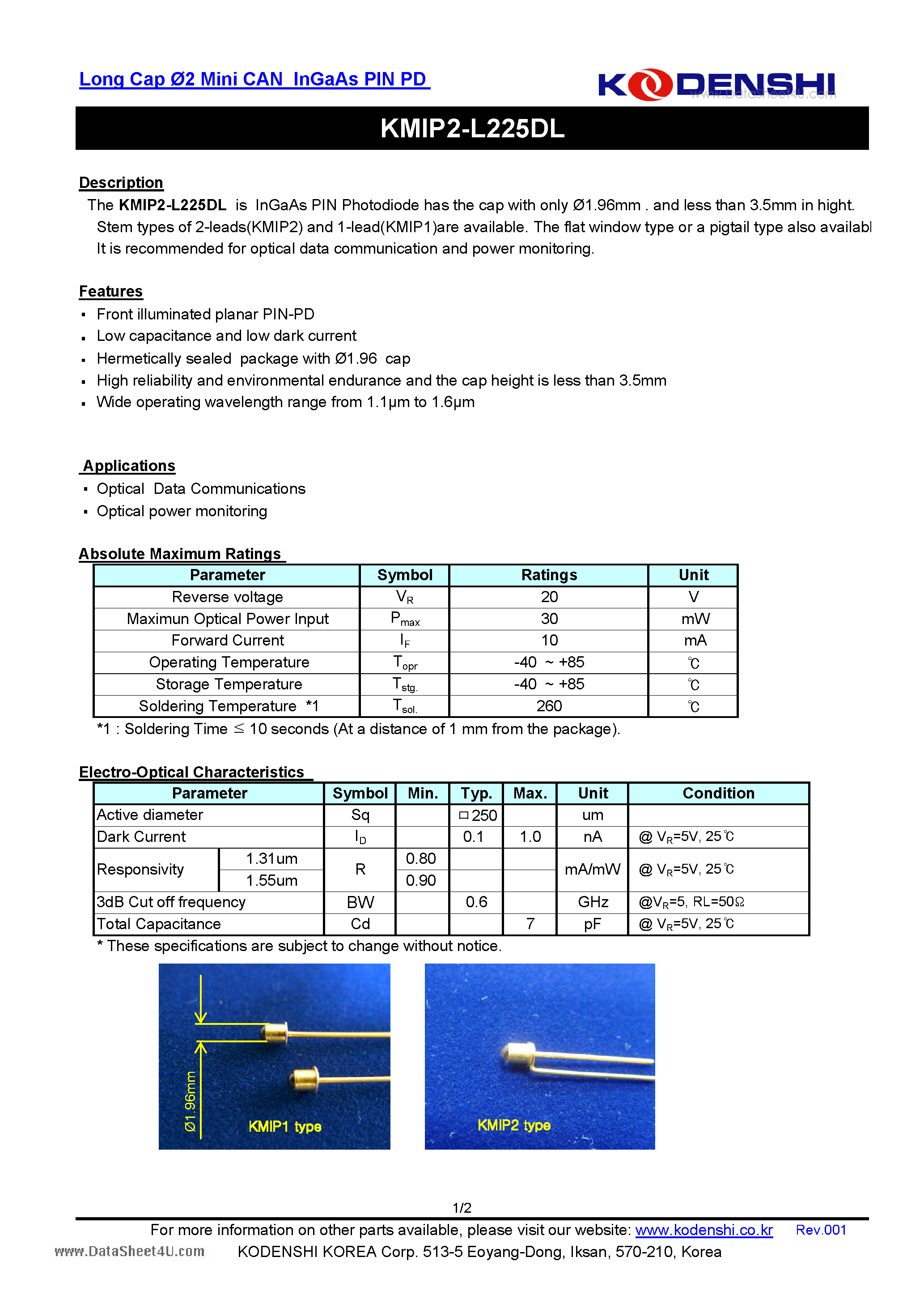 Datasheet KMIP2-L225DL page 1 Datasheet KMIP2-L225DL - Long Cap 2 Mini CAN InGaAs PIN PD page 1