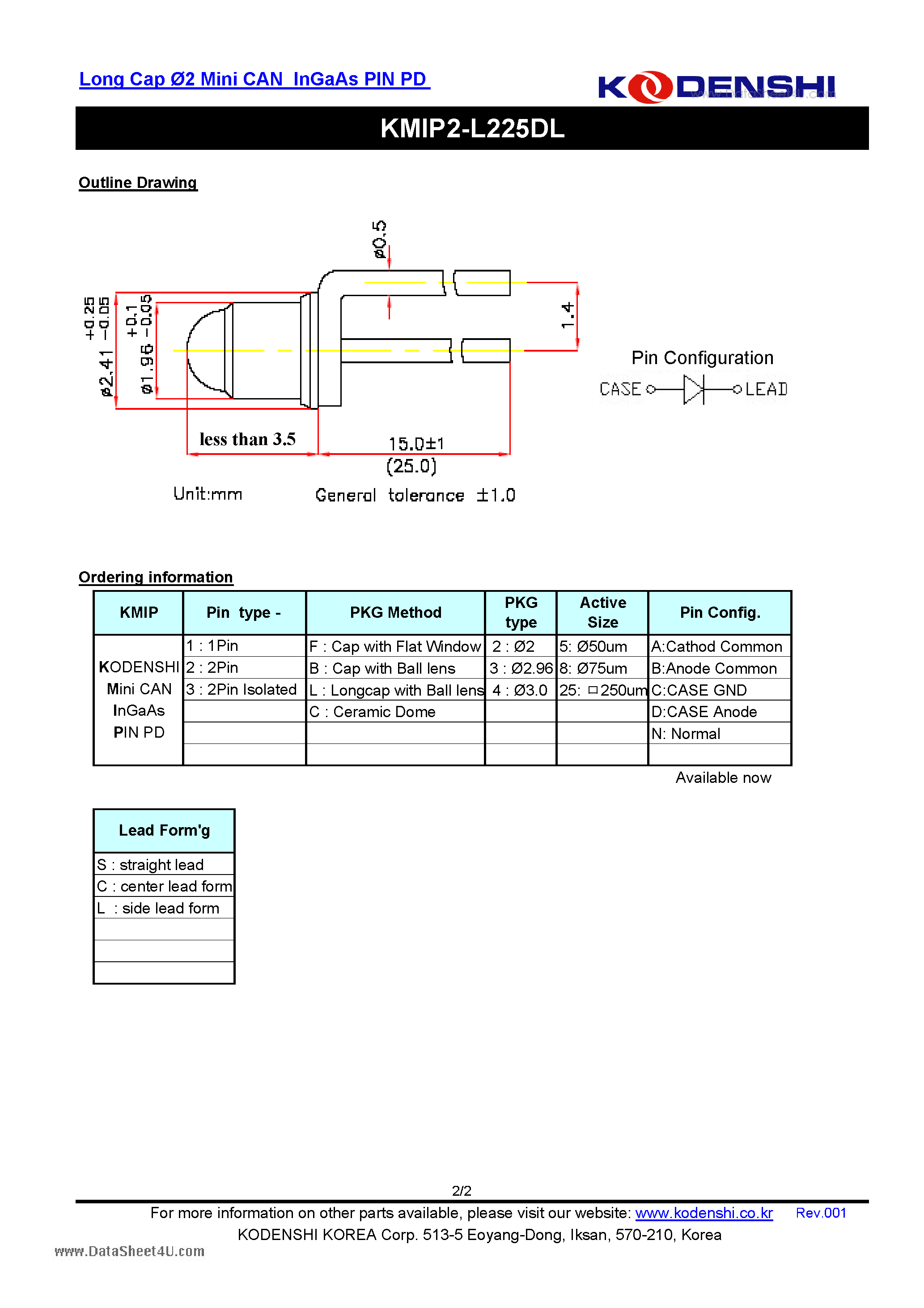 Datasheet KMIP2-L225DL page 2 Datasheet KMIP2-L225DL - Long Cap 2 Mini CAN InGaAs PIN PD page 2