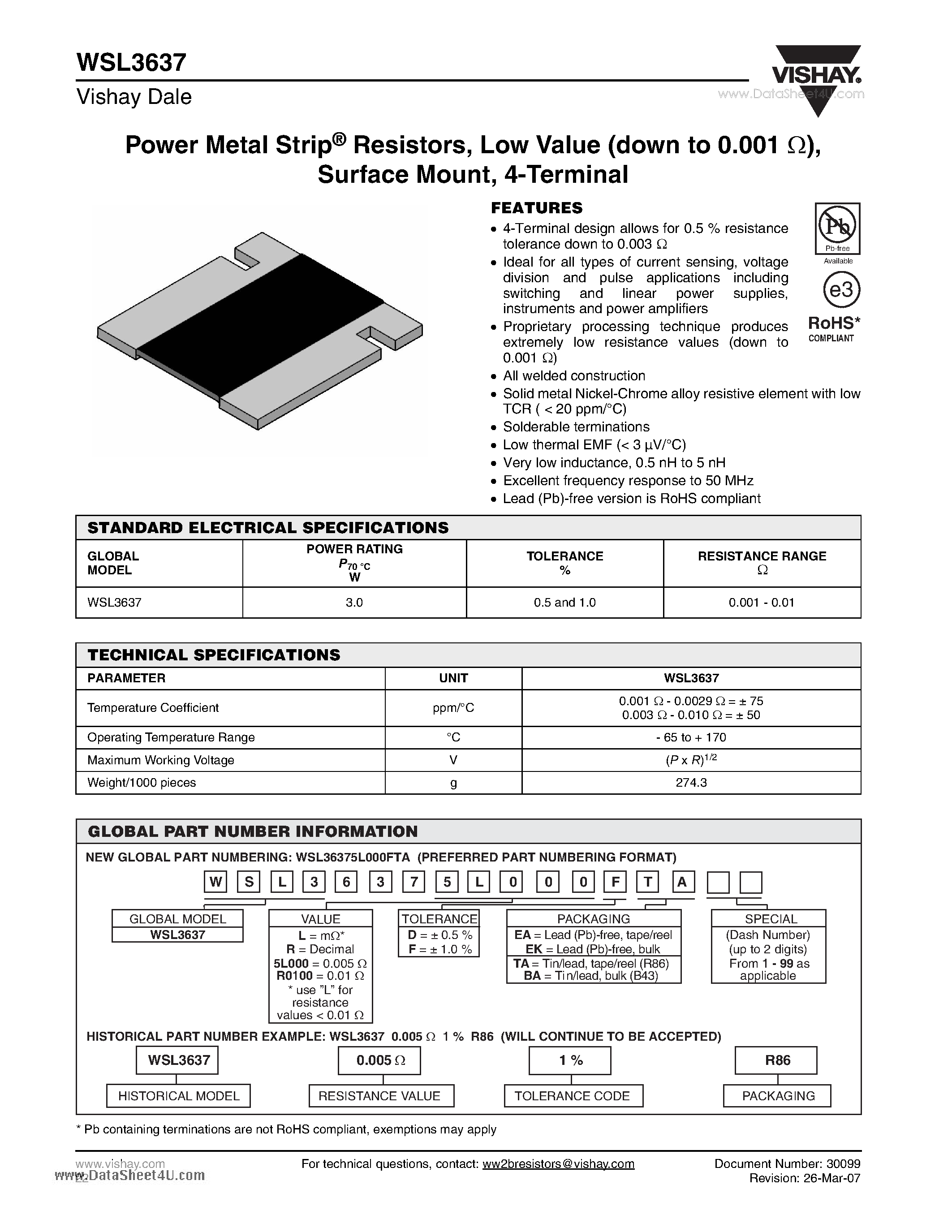 Datasheet WSL3637 - Power Metal Strip Resistors Low Value (down to 0.001 ) Surface Mount 4-Terminal page 1