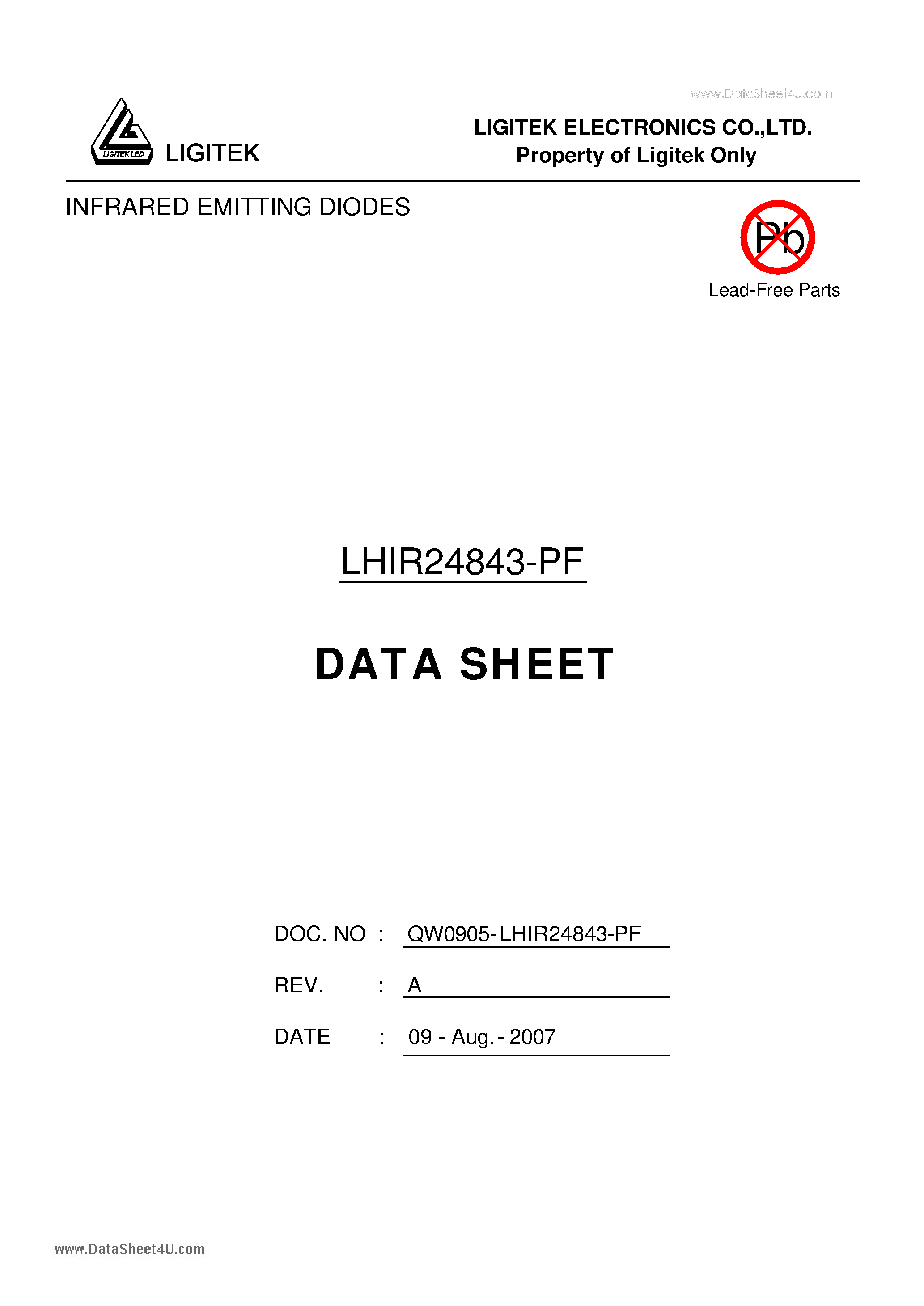 Даташит на микросхему LHIR24843-PF страница 1 Даташит LHIR24843-PF - INFRARED EMITTING DIODES страница 1