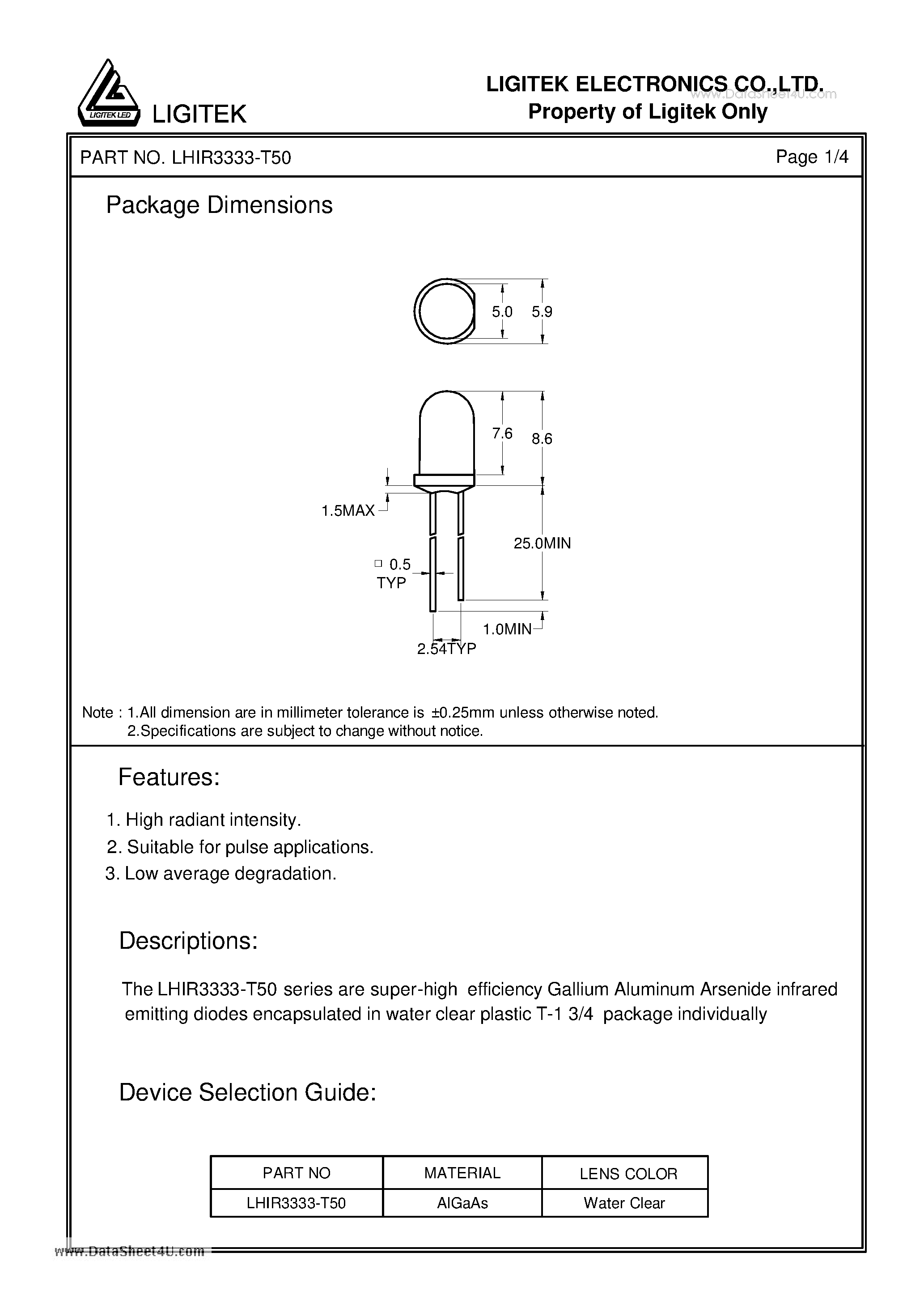 Даташит на микросхему LHIR3333-T50 страница 2 Даташит LHIR3333-T50 - INFRARED EMITTING DIODES страница 2