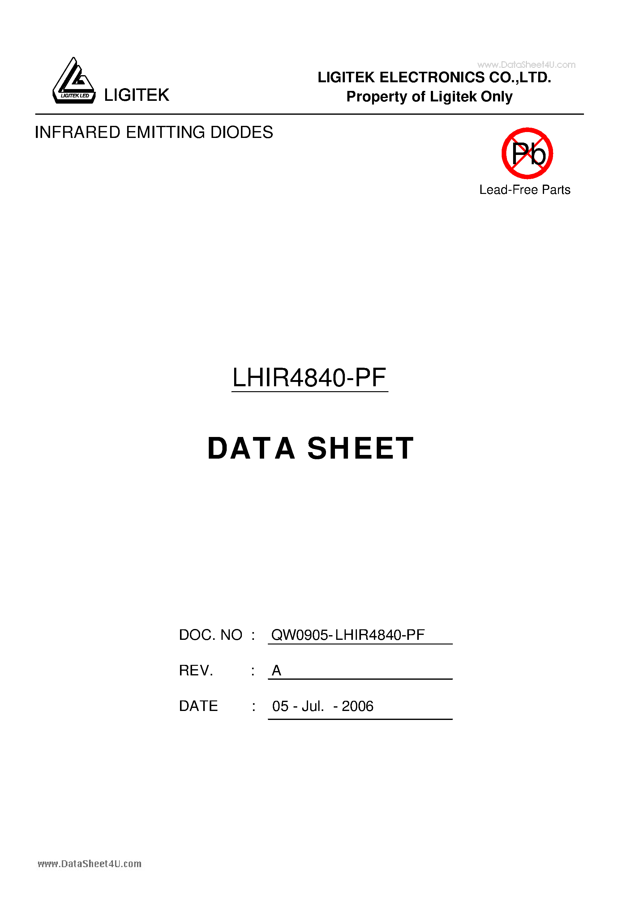 Даташит на микросхему LHIR4840-PF страница 1 Даташит LHIR4840-PF - INFRARED EMITTING DIODES страница 1