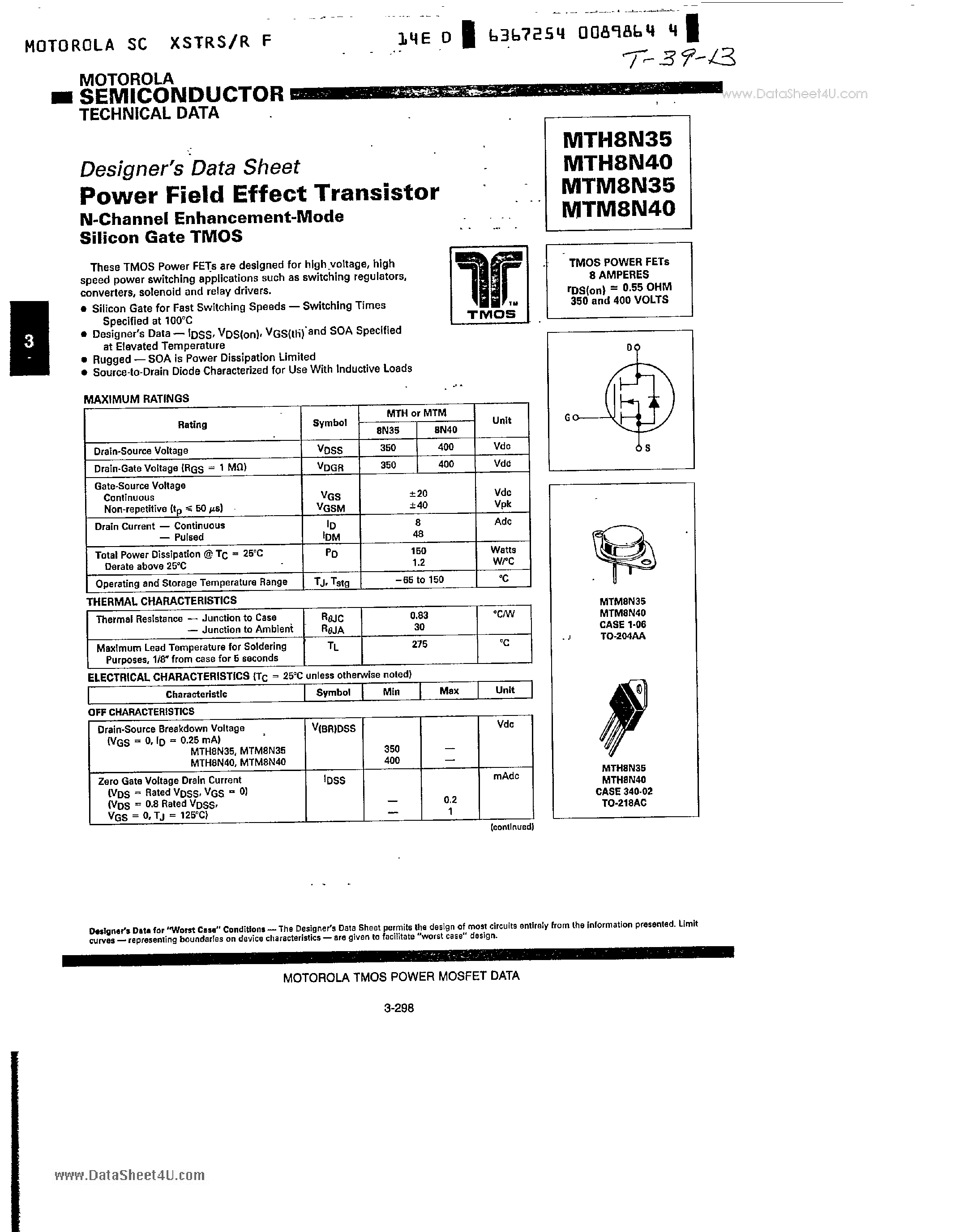 Datasheet MTH8N35 - Power Field Effect Transistor N-Channel Enhancement-Mode Silicon Gate TMOS page 1