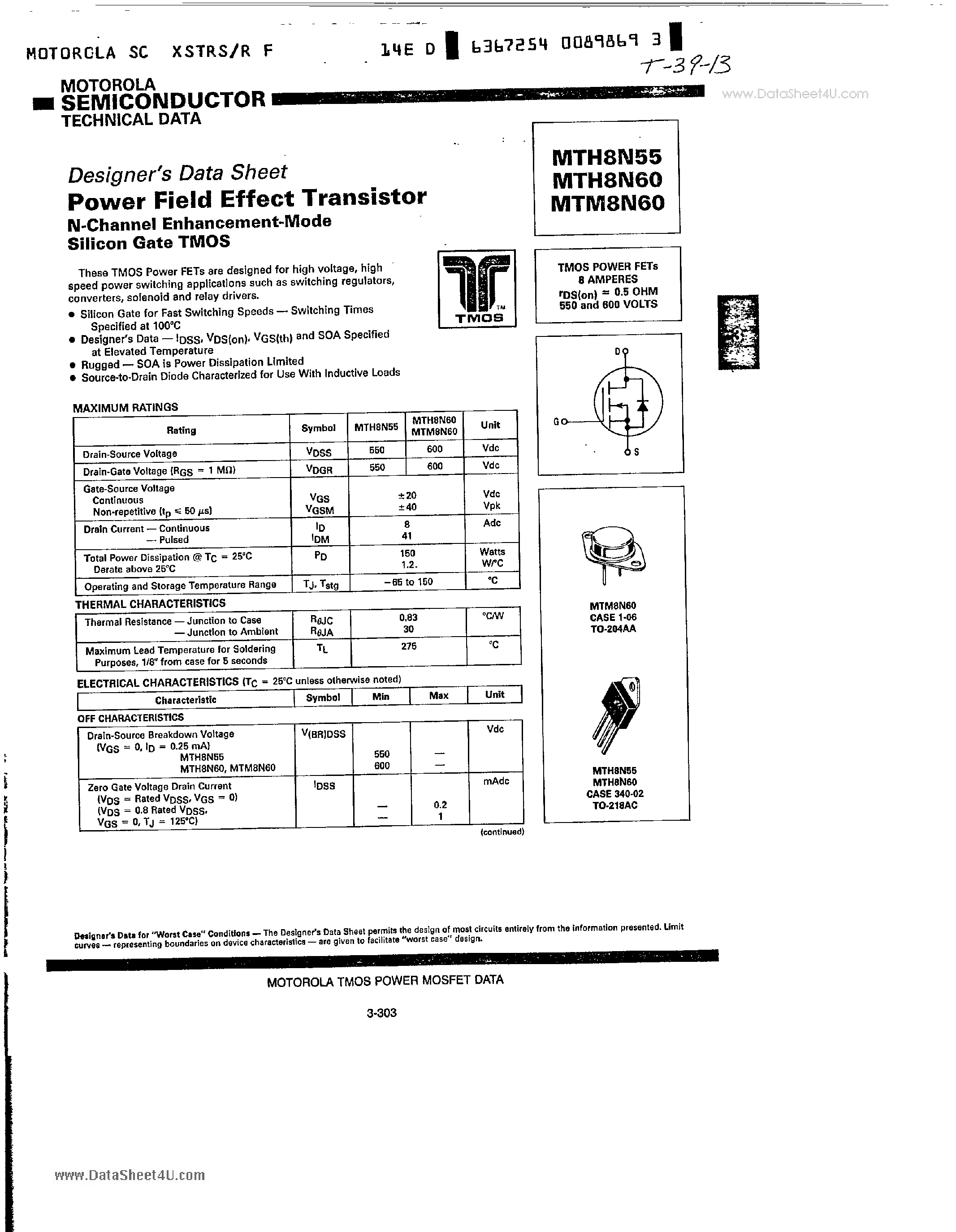 Datasheet MTM8N60 - Power Field Effect Transistor N-Channel Enhancement-Mode Silicon Gate TMOS page 1