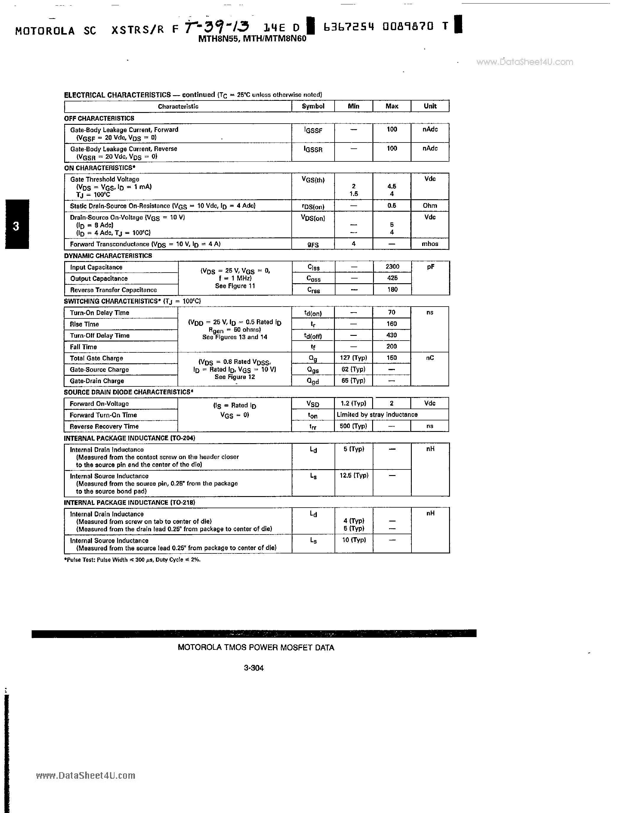 Datasheet MTH8N55 - Power Field Effect Transistor N-Channel Enhancement-Mode Silicon Gate TMOS page 2