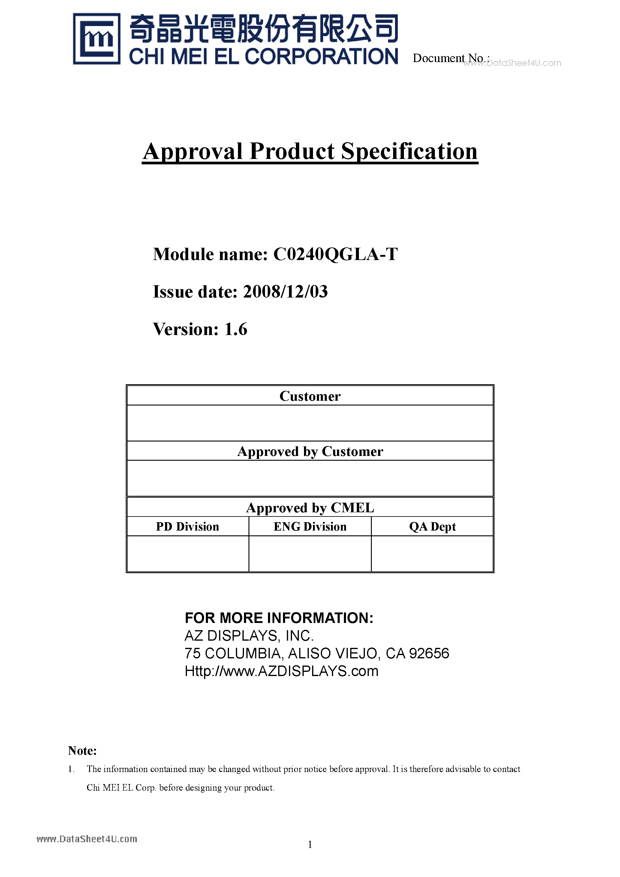 Datasheet C0240QGLA-T - Approval Product Specification page 1