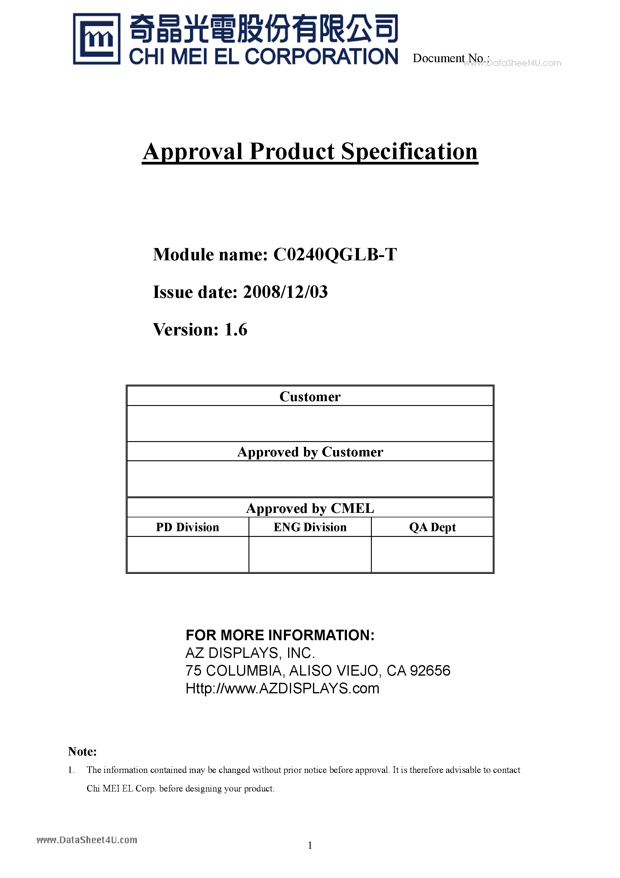 Datasheet C0240QGLB-T - Approval Product Specification page 1