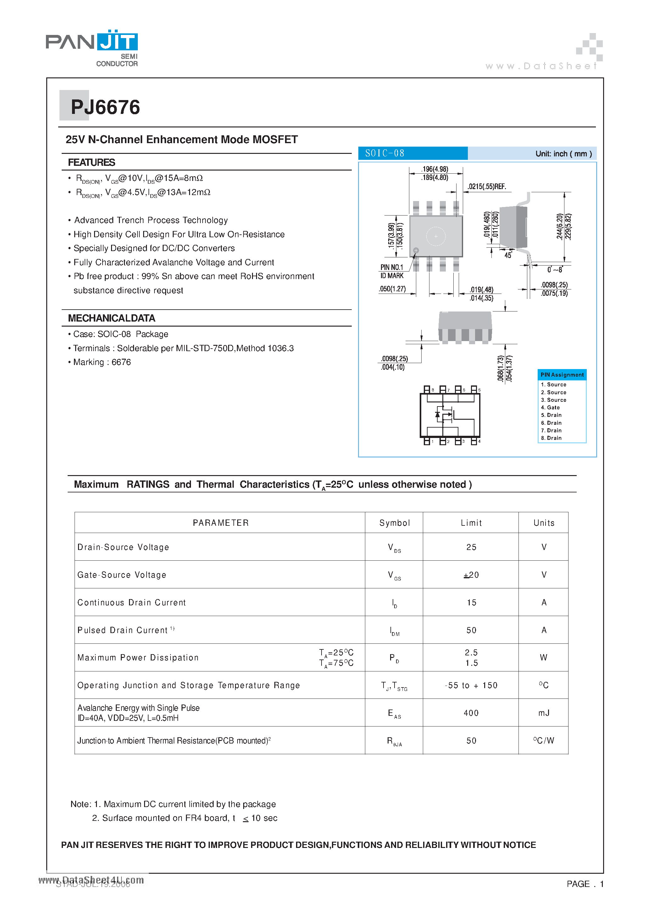 Datasheet PJ6676 - 25V N-Channel Enhancement Mode MOSFET page 1