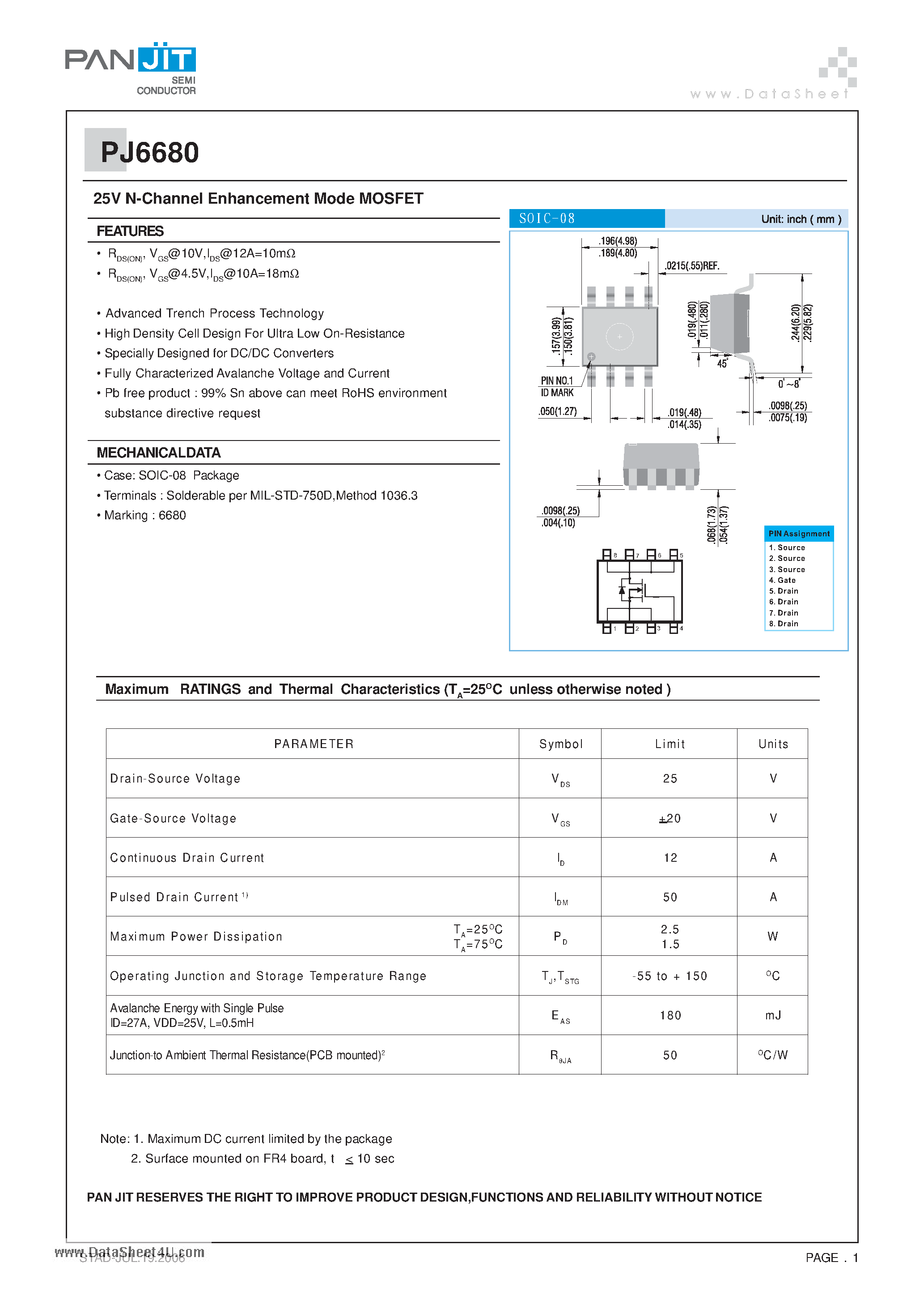 Datasheet PJ6680 - 25V N-Channel Enhancement Mode MOSFET page 1