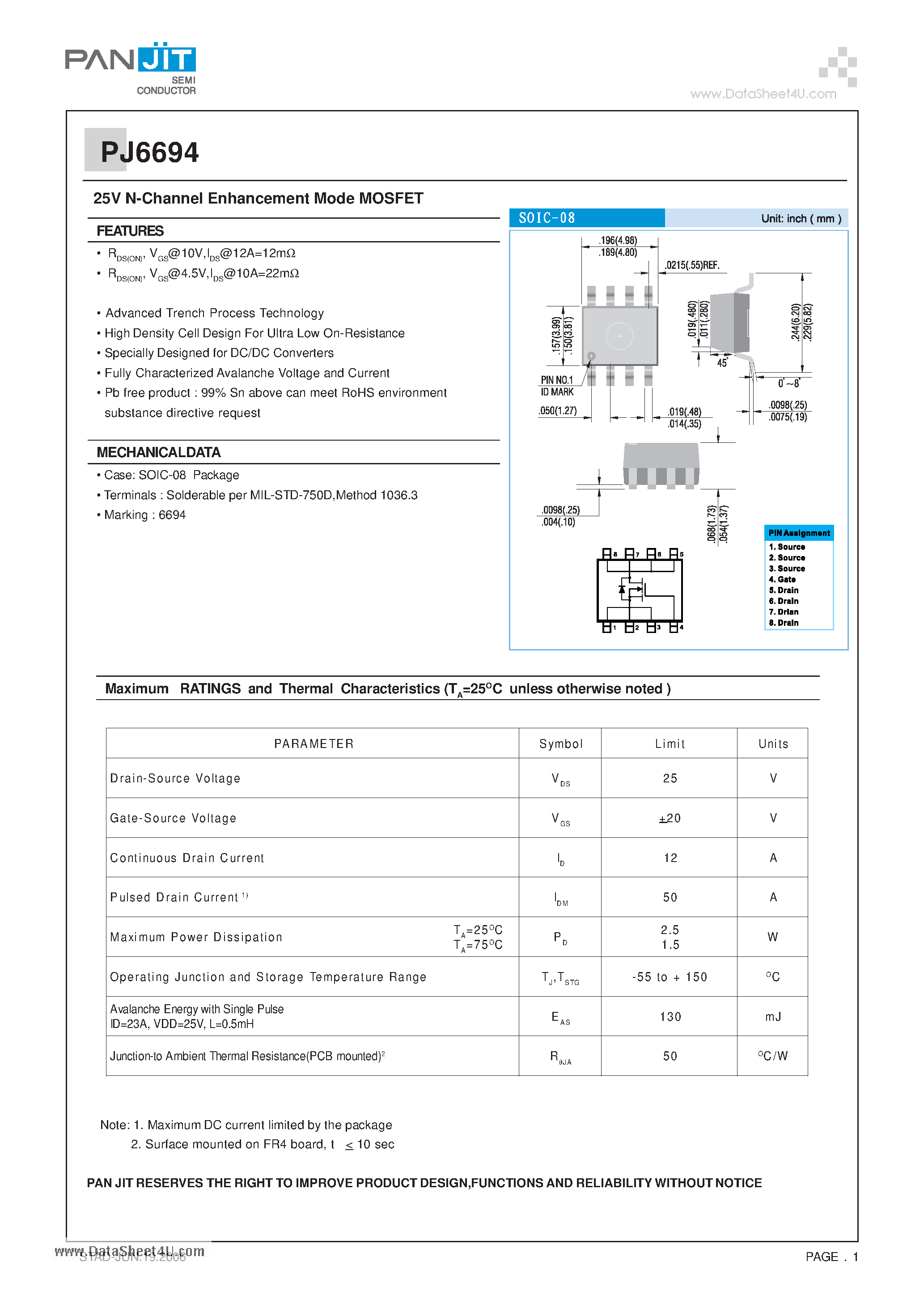 Datasheet PJ6694 - 25V N-Channel Enhancement Mode MOSFET page 1