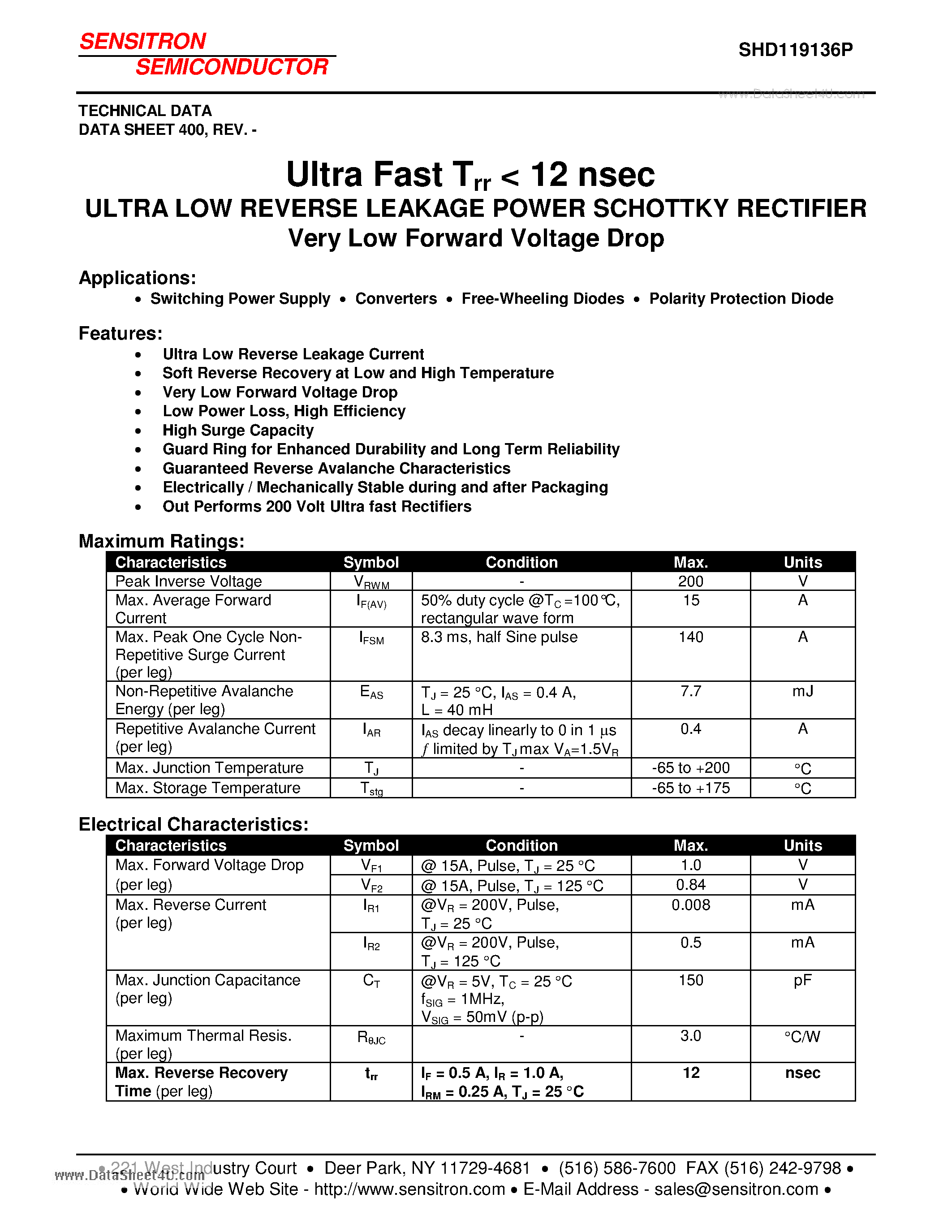 Datasheet SHD119136P page 1 Datasheet SHD119136P - ULTRA LOW REVERSE LEAKAGE POWER SCHOTTKY RECTIFIER page 1
