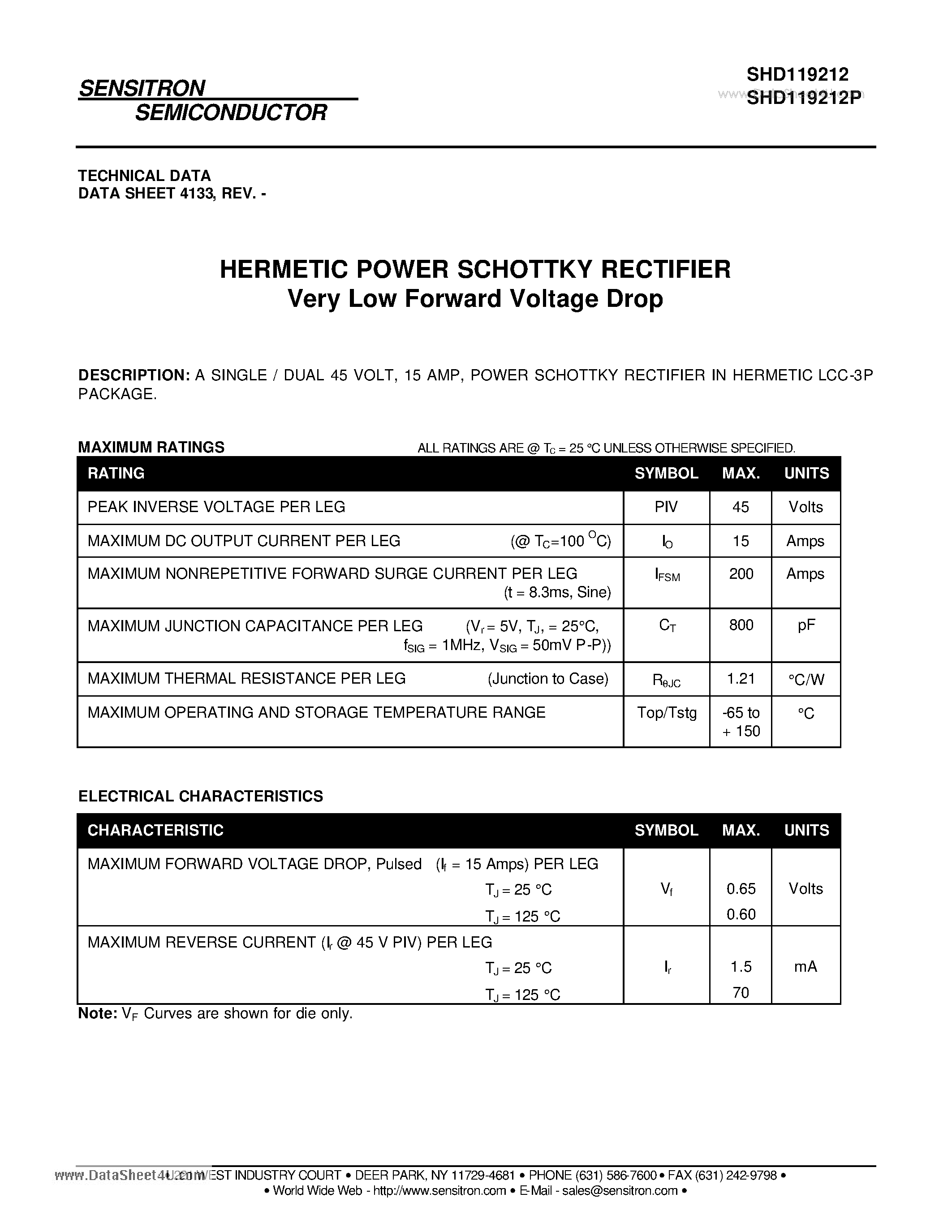 Datasheet SHD119212 - HERMETIC POWER SCHOTTKY RECTIFIER Very Low Forward Voltage Drop page 1