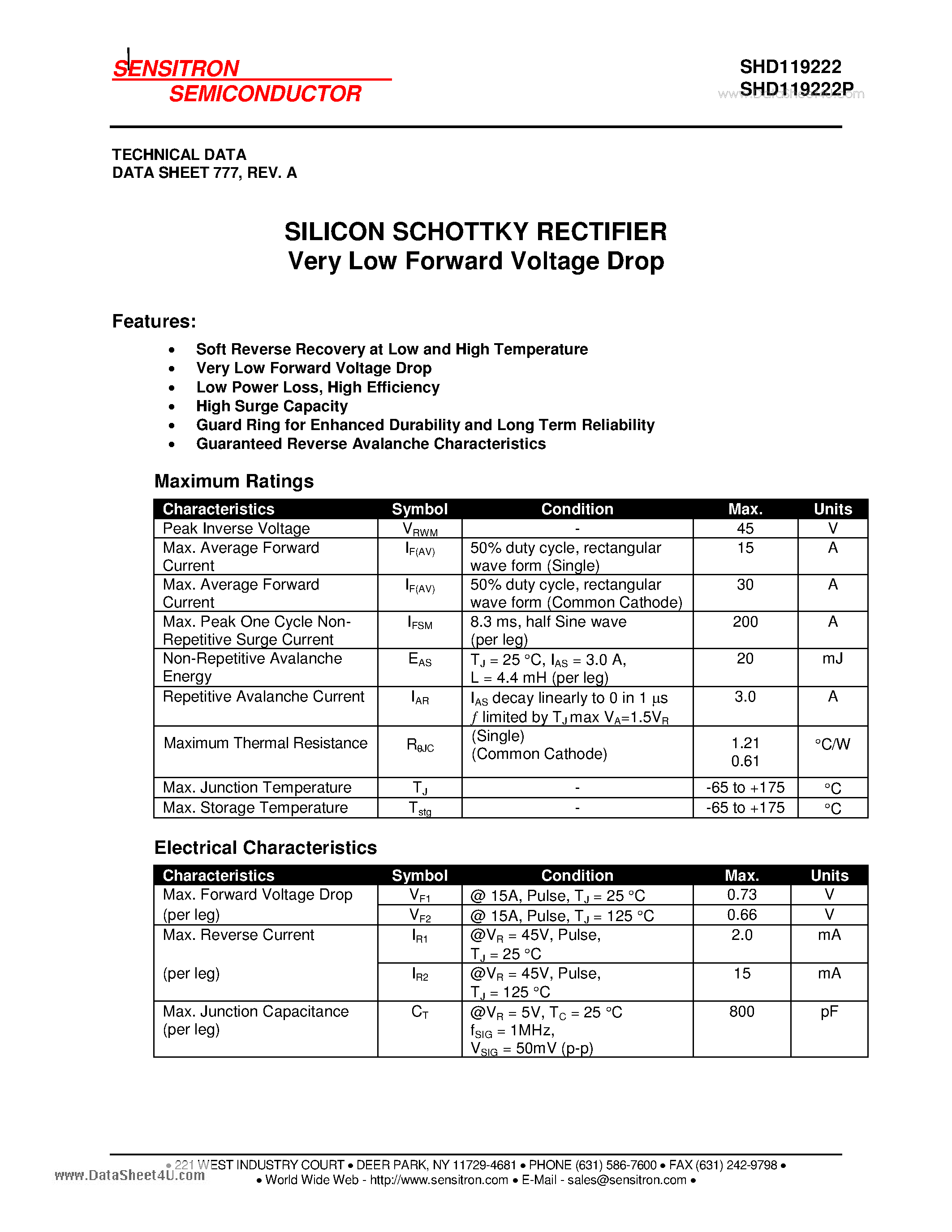 Datasheet SHD119222 - SILICON SCHOTTKY RECTIFIER page 1