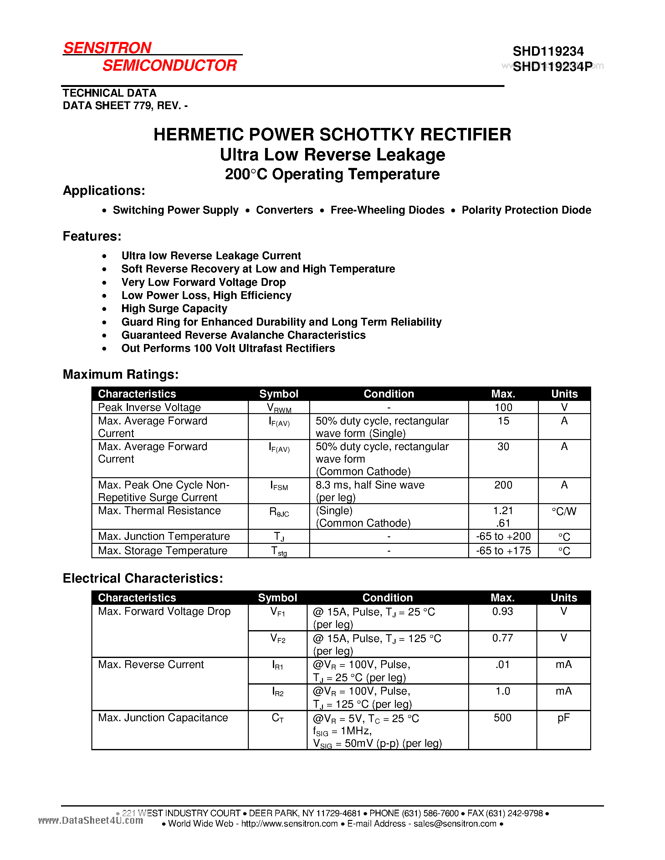 Datasheet SHD119234 - HERMETIC POWER SCHOTTKY RECTIFIER page 1