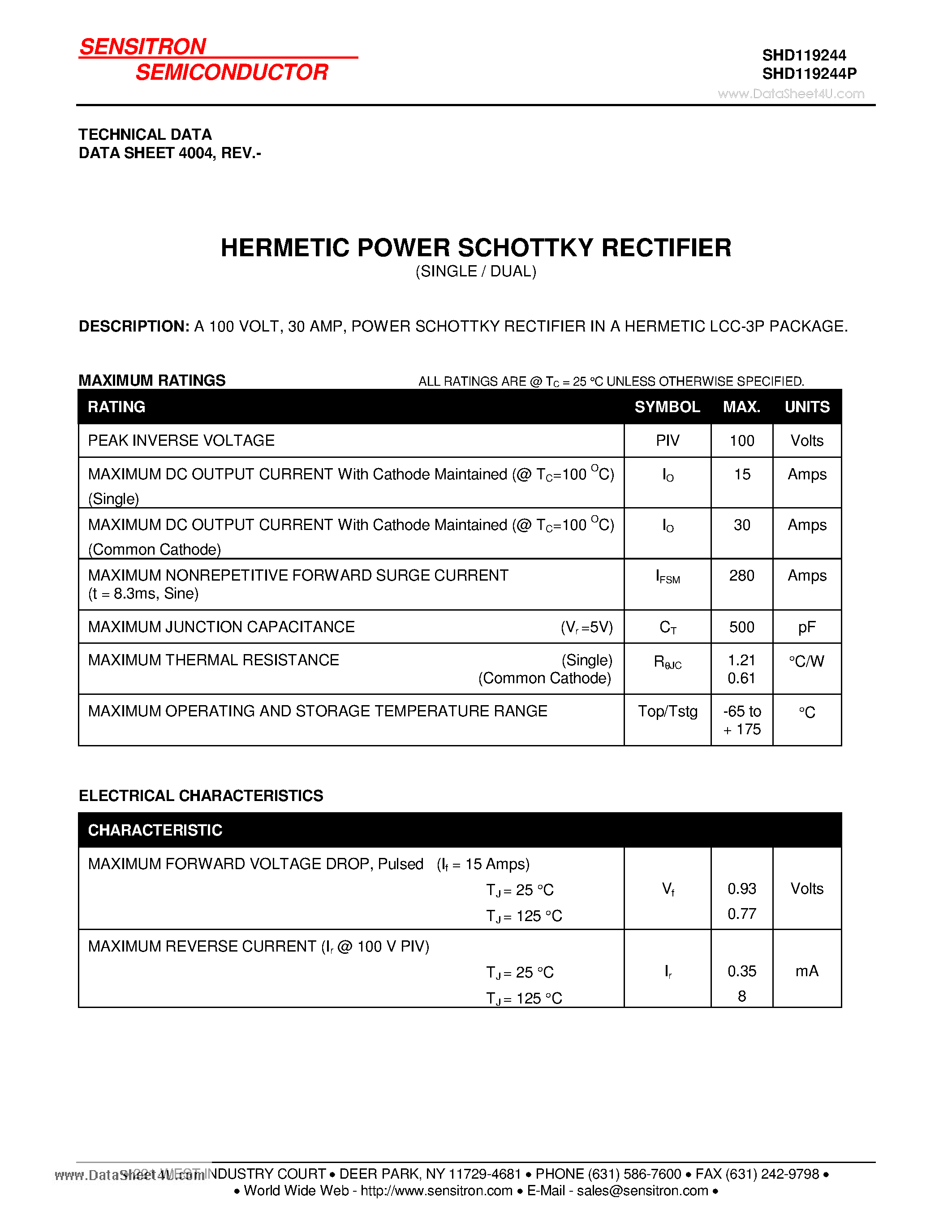 Datasheet SHD119244 - HERMETIC POWER SCHOTTKY RECTIFIER page 1