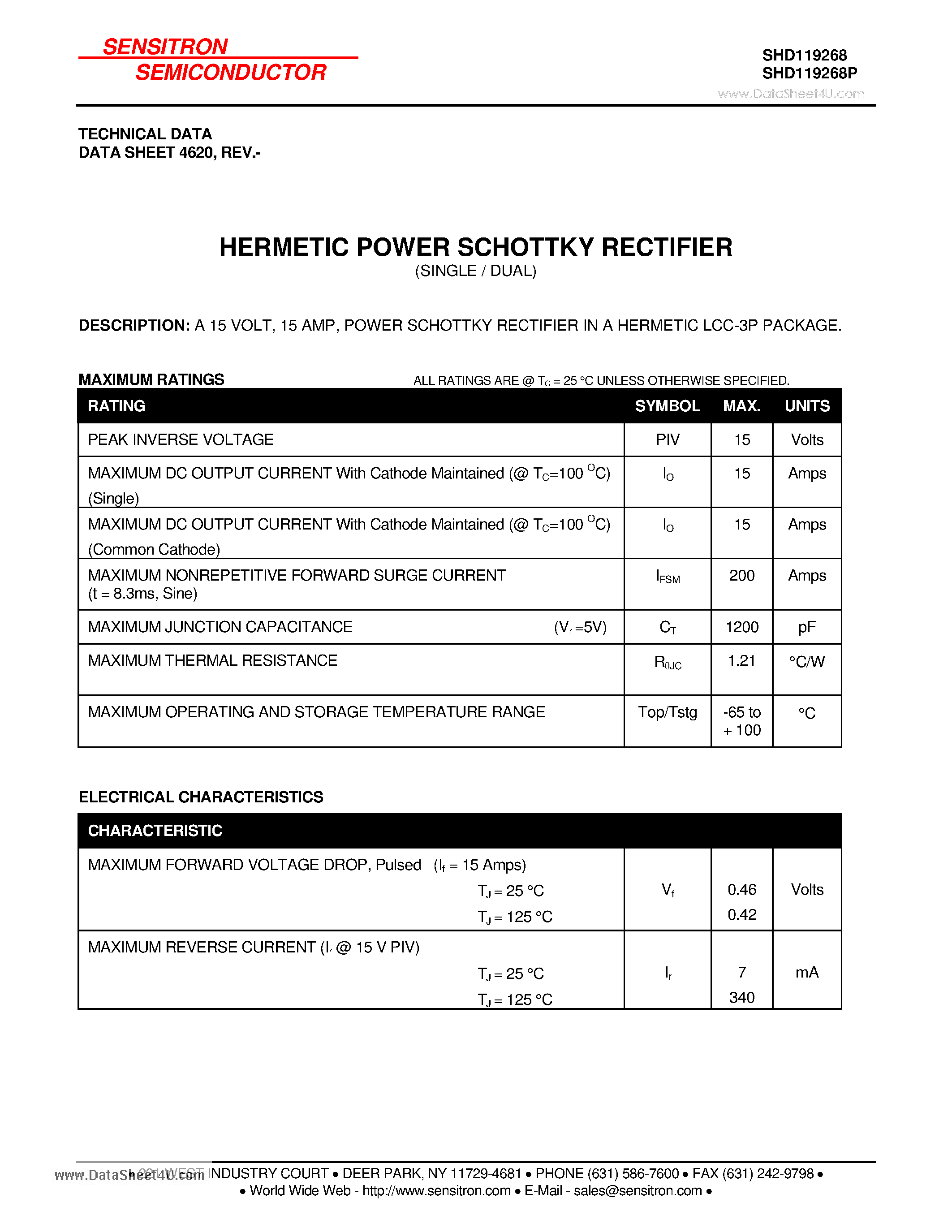 Datasheet SHD119268 - HERMETIC POWER SCHOTTKY RECTIFIER page 1