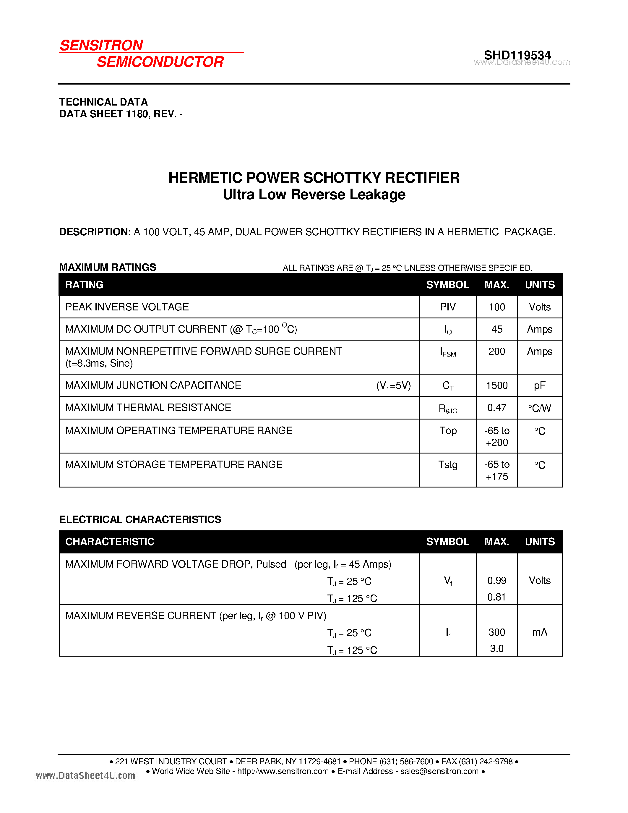 Datasheet SHD119534 page 1 Datasheet SHD119534 - HERMETIC POWER SCHOTTKY RECTIFIER Ultra Low Reverse Leakage page 1