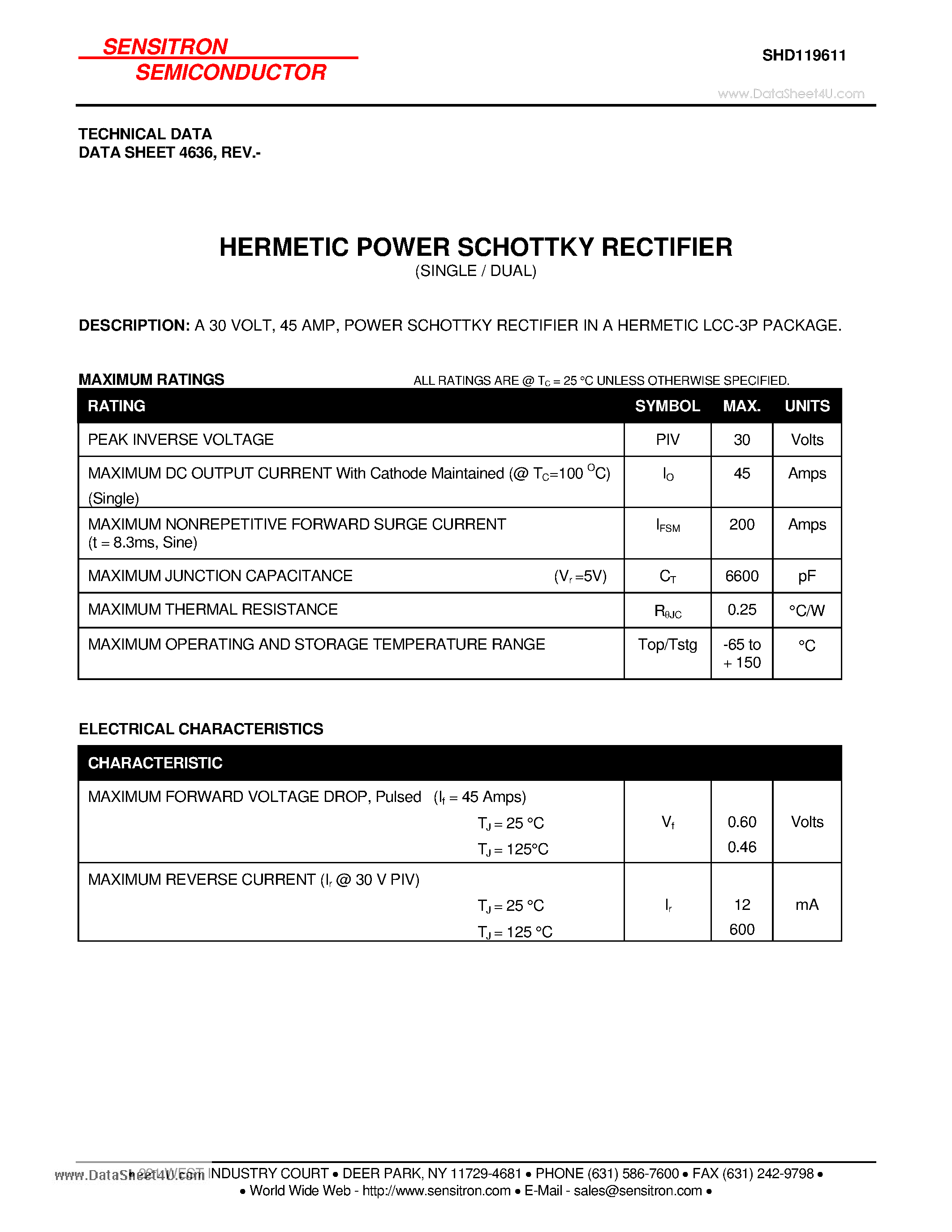 Datasheet SHD119611 page 1 Datasheet SHD119611 - HERMETIC POWER SCHOTTKY RECTIFIER page 1