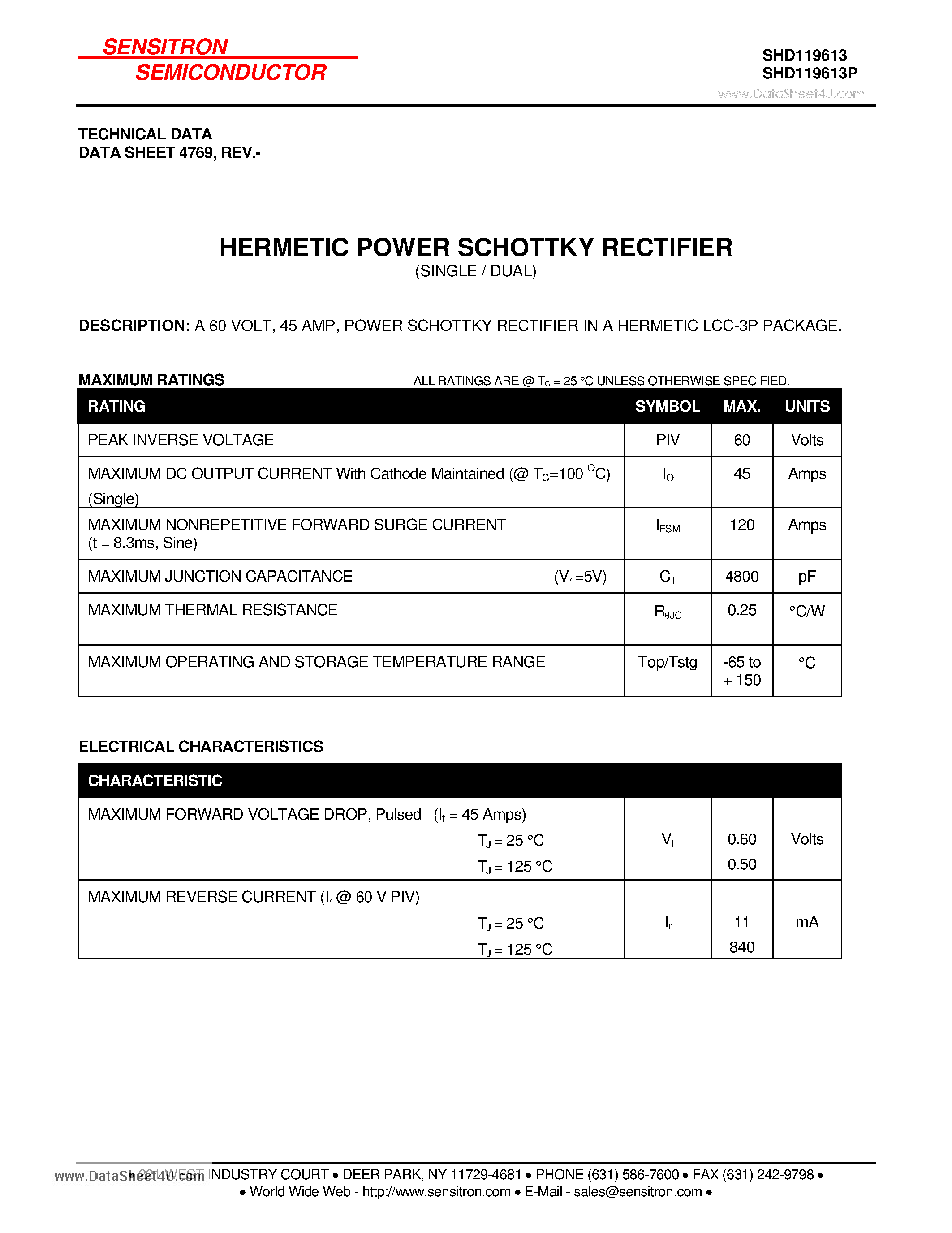 Datasheet SHD119613 page 1 Datasheet SHD119613 - HERMETIC POWER SCHOTTKY RECTIFIER page 1