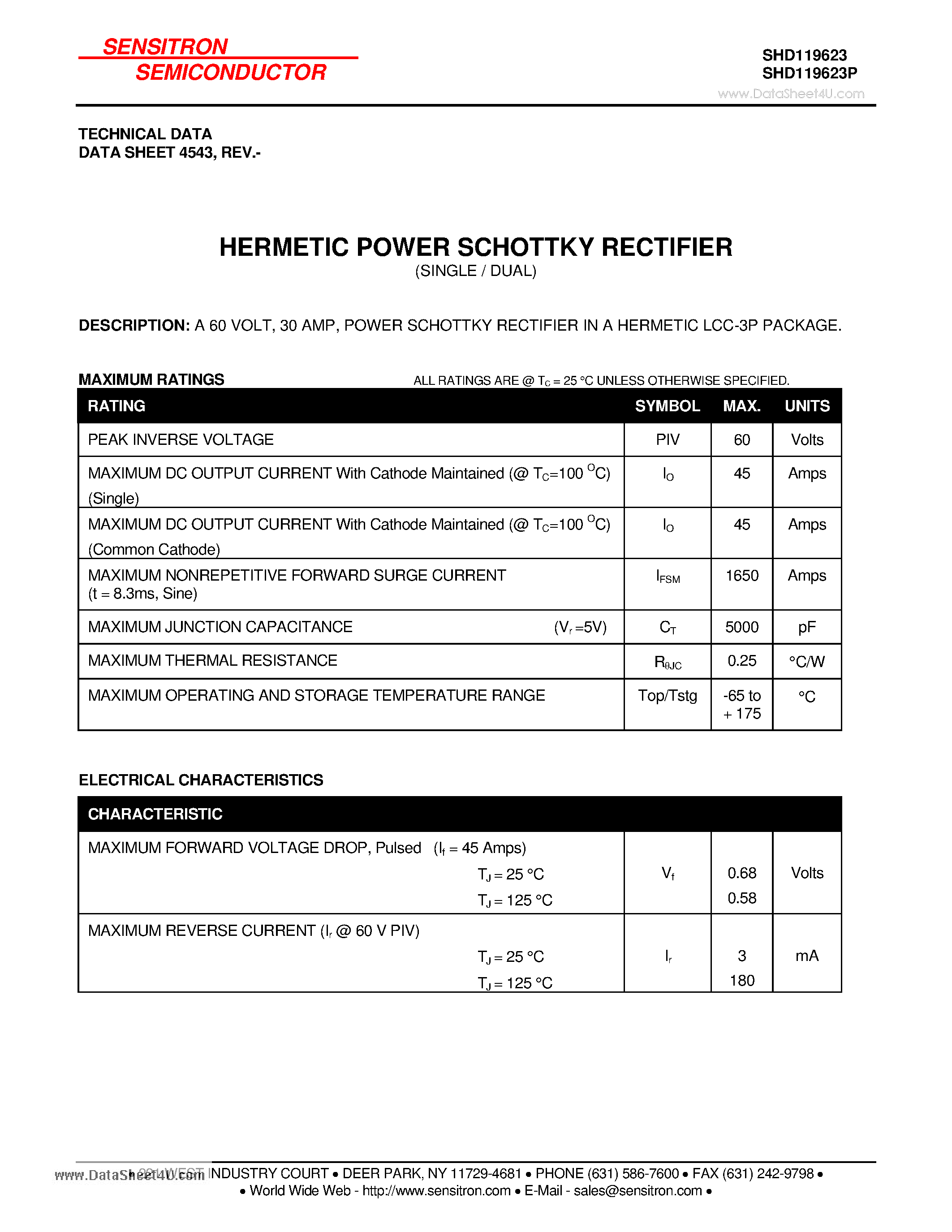 Datasheet SHD119623 page 1 Datasheet SHD119623 - HERMETIC POWER SCHOTTKY RECTIFIER page 1