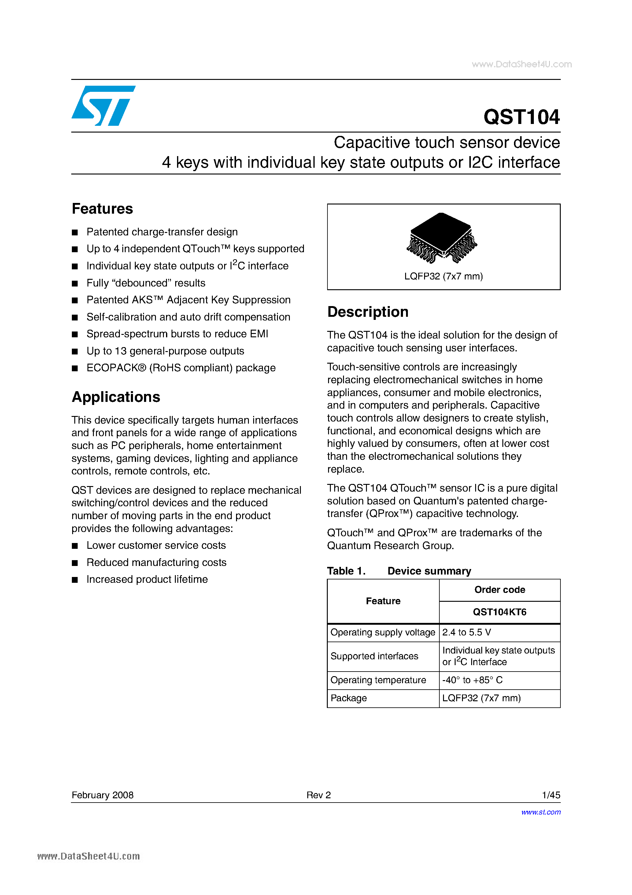 Datasheet QST104 - Capacitive touch sensor device 4 keys page 1