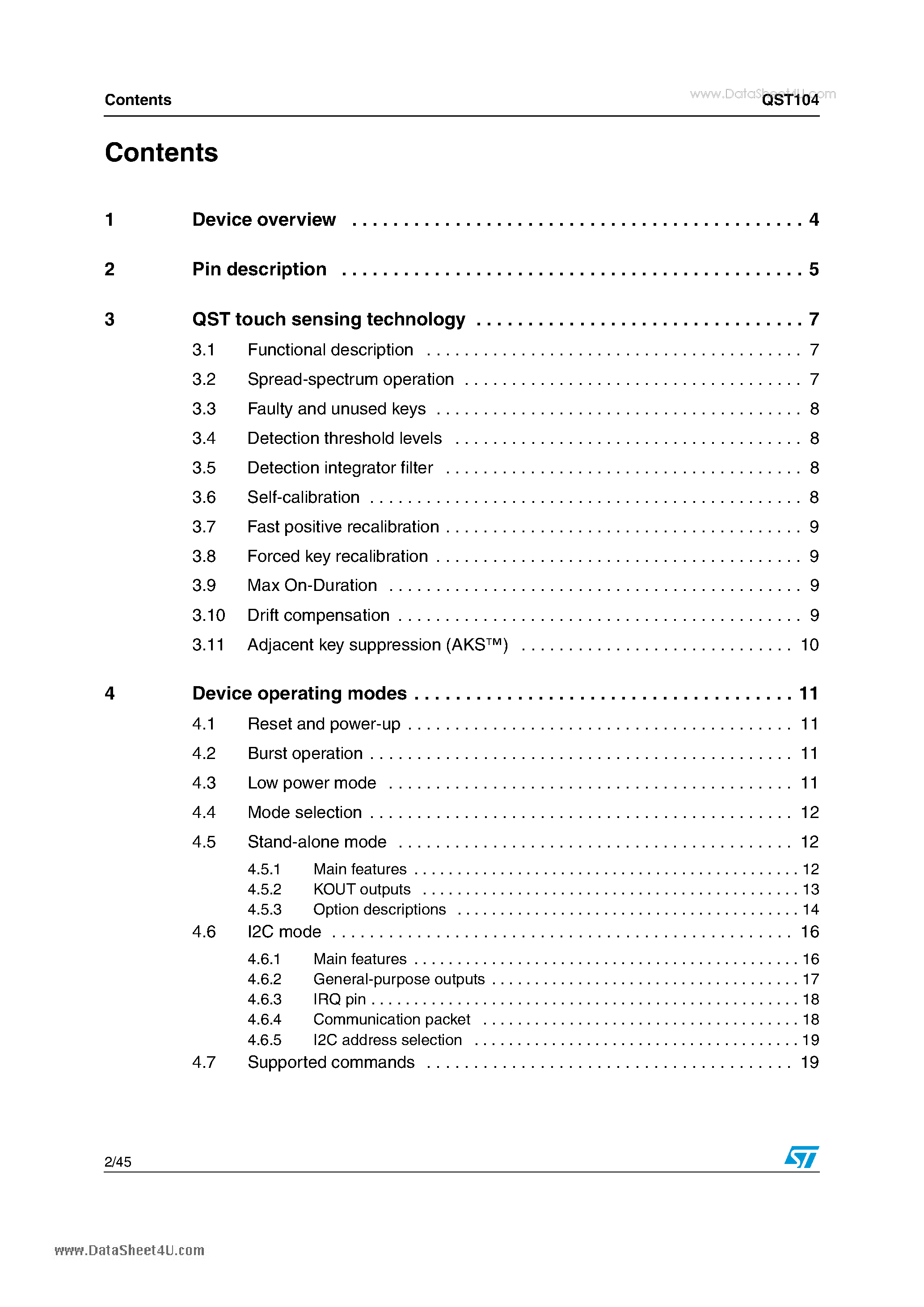 Datasheet QST104 - Capacitive touch sensor device 4 keys page 2