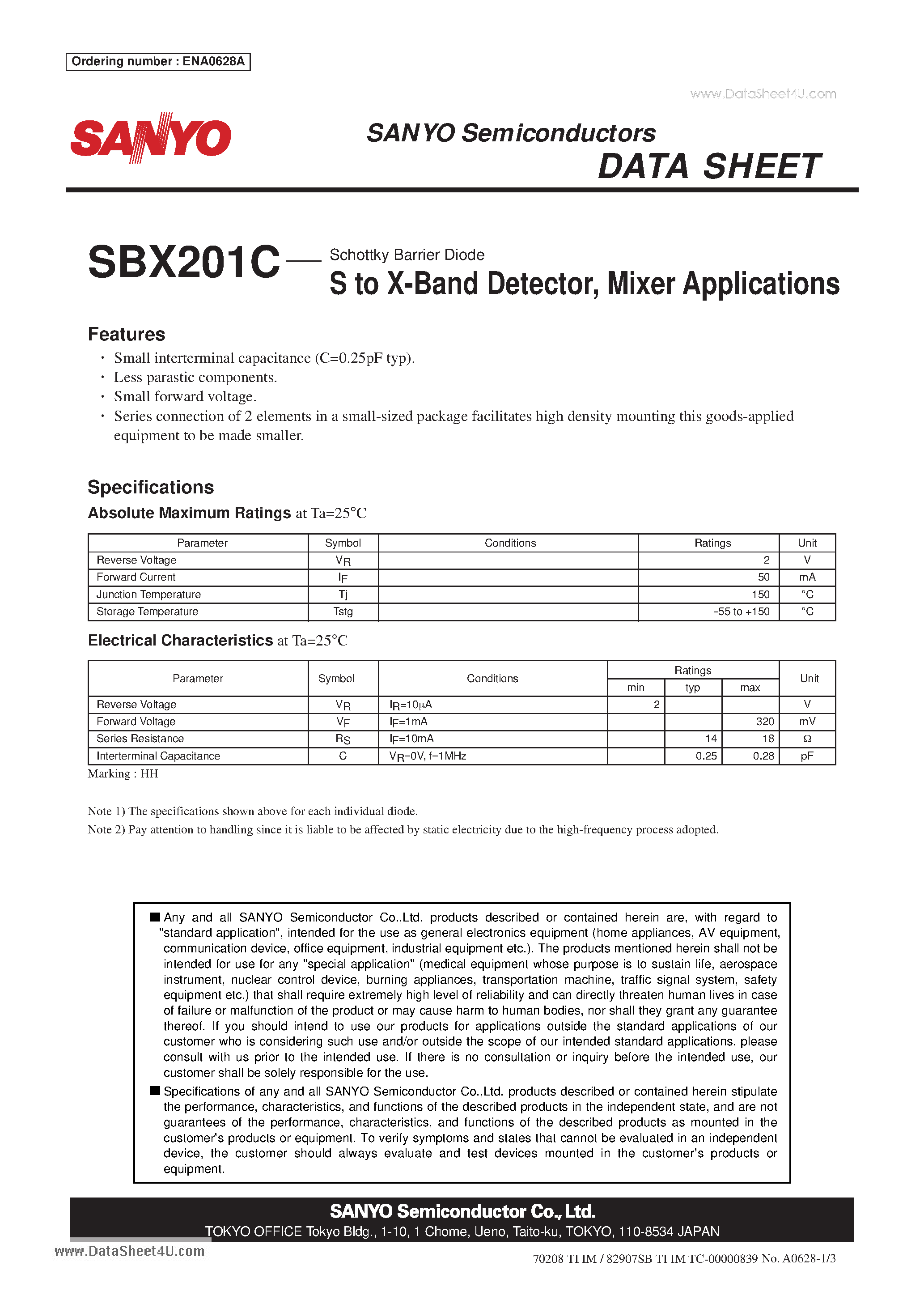 Datasheet SBX201C - Schottky Barrier Diode S to X-Band Detector Mixer Applications page 1
