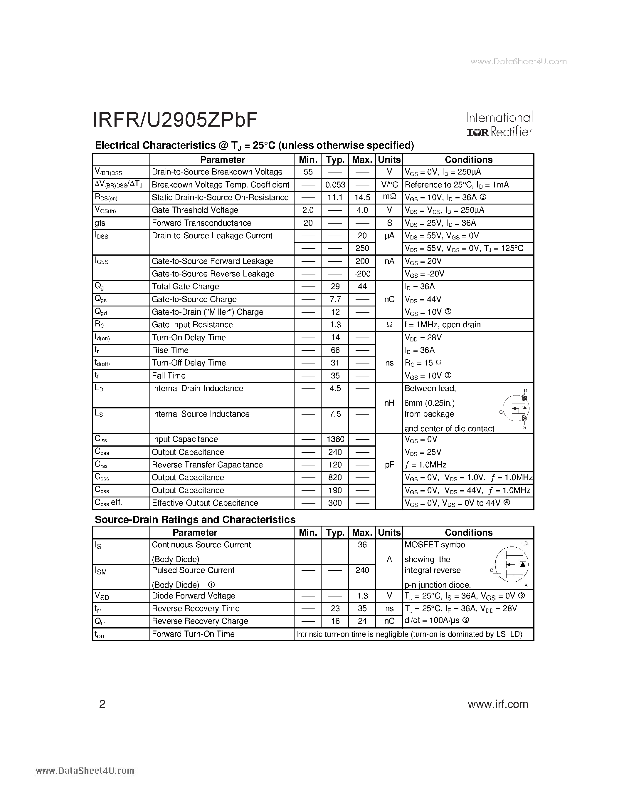 Datasheet IRFR2905ZPBF - HEXFET Power MOSFET page 2