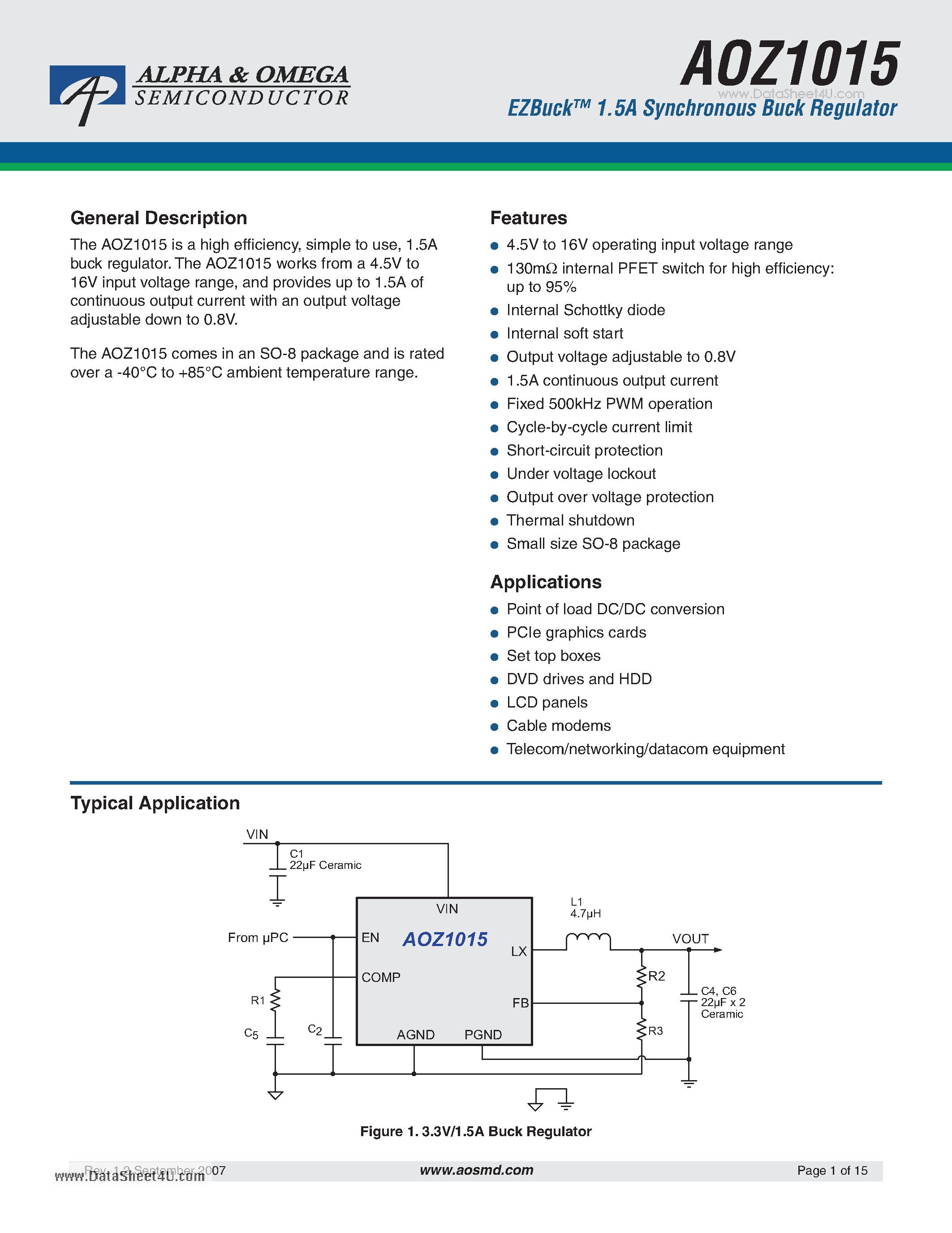 Даташит AOZ1015 - EZBuck 1.5A Synchronous Buck Regulator страница 1