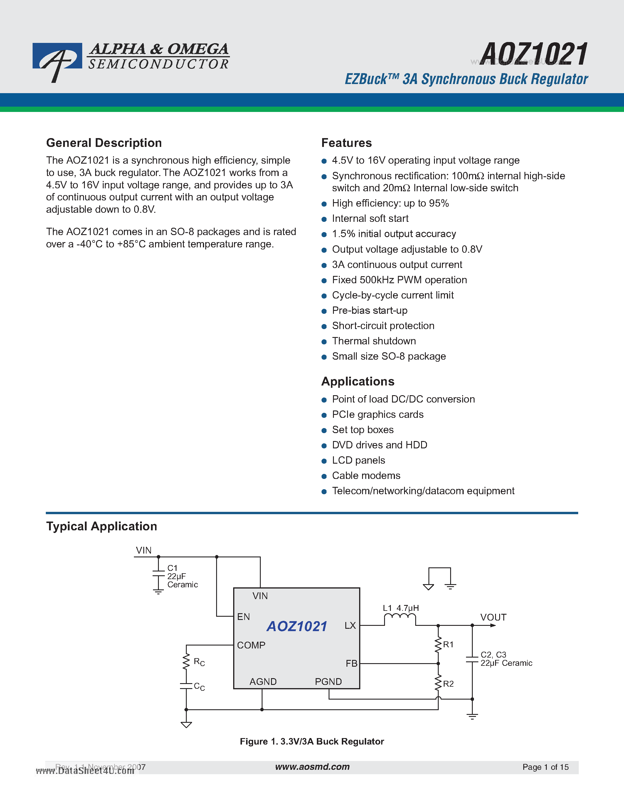 Datasheet AOZ1021 page 1 Datasheet AOZ1021 - EZBuck 3A Synchronous Buck Regulator page 1