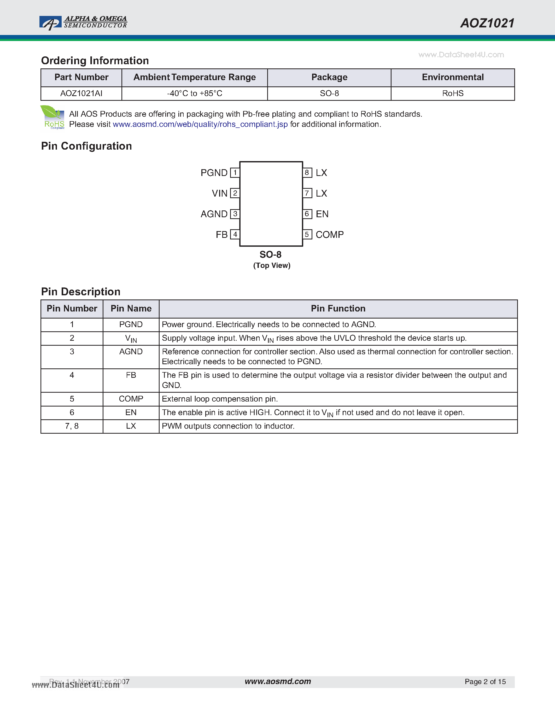 Datasheet AOZ1021 page 2 Datasheet AOZ1021 - EZBuck 3A Synchronous Buck Regulator page 2