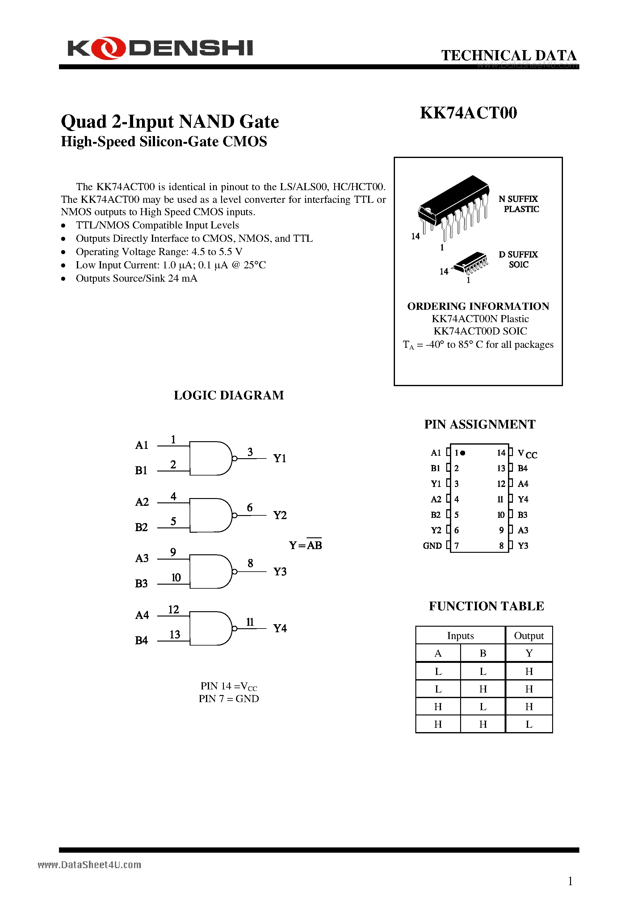 Даташит на микросхему KK74ACT00 страница 1 Даташит KK74ACT00 - Quad 2-Input NAND Gate High-Speed Silicon-Gate CMOS страница 1