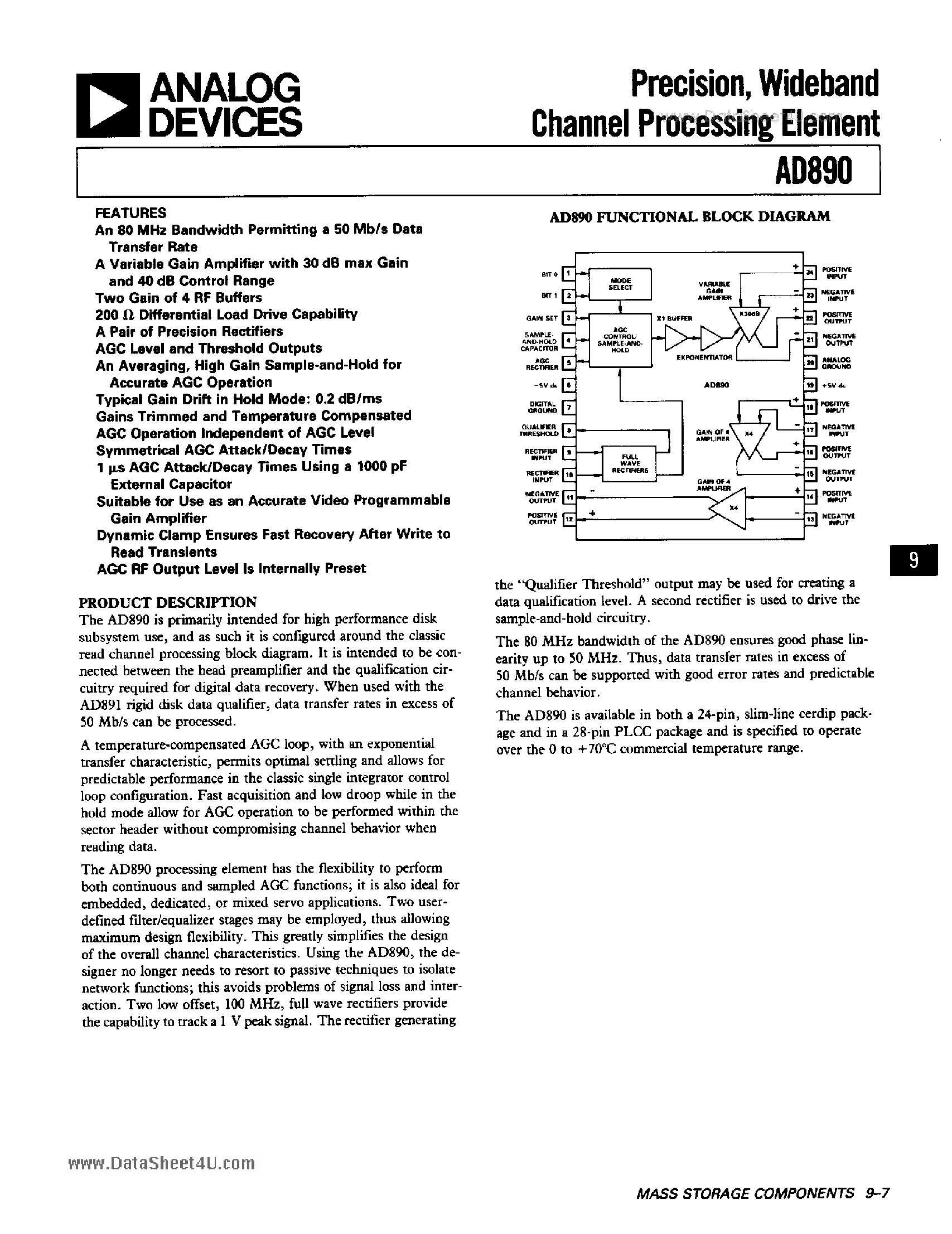 Datasheet AD890 - WIDEBAND CHANNEL PROCESSING ELEMENT page 1