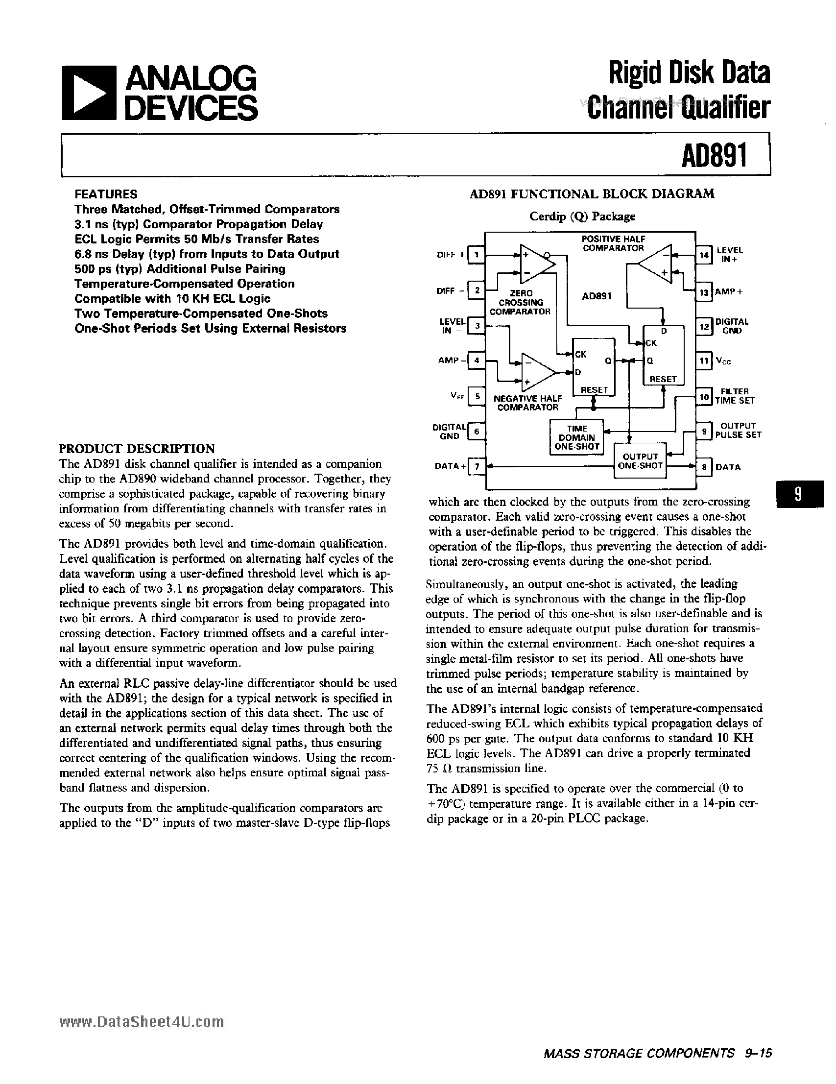 Datasheet AD891 page 1 Datasheet AD891 - RIGID DISK DATA CHANNEL QUALIFIER page 1