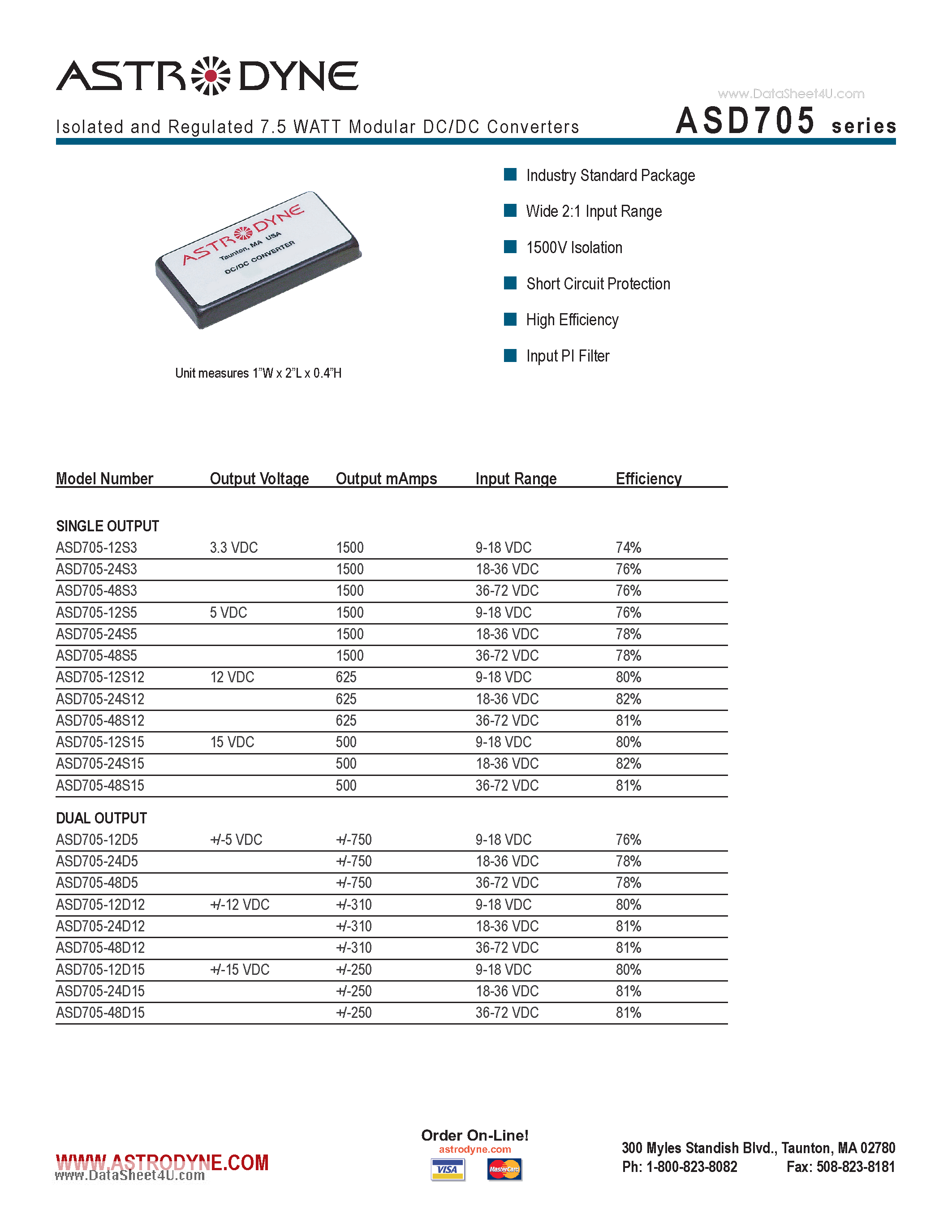 Datasheet ASD705 - Isolated and Regulated 7.5 WATT Modular DC/DC Converters page 1
