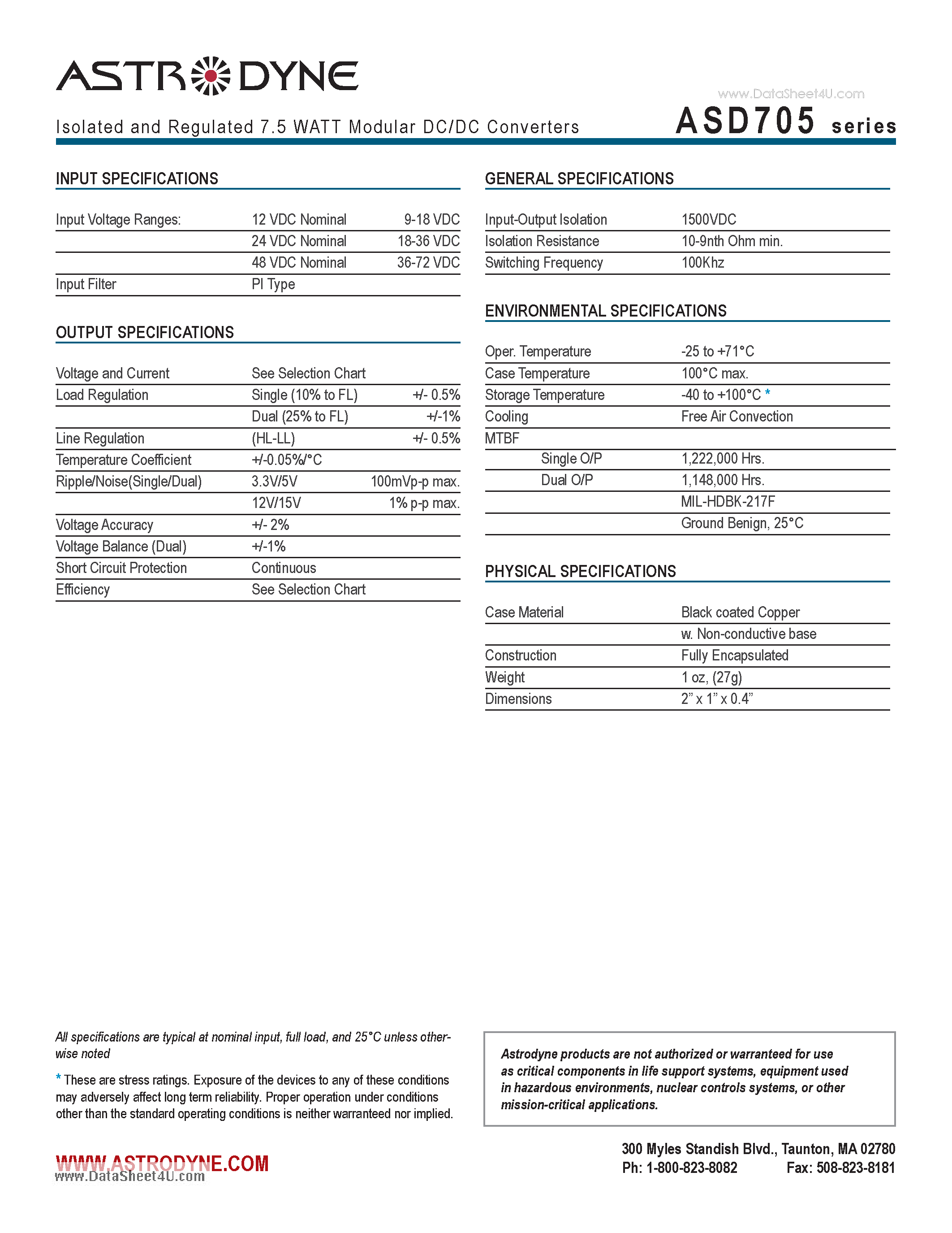 Datasheet ASD705 - Isolated and Regulated 7.5 WATT Modular DC/DC Converters page 2