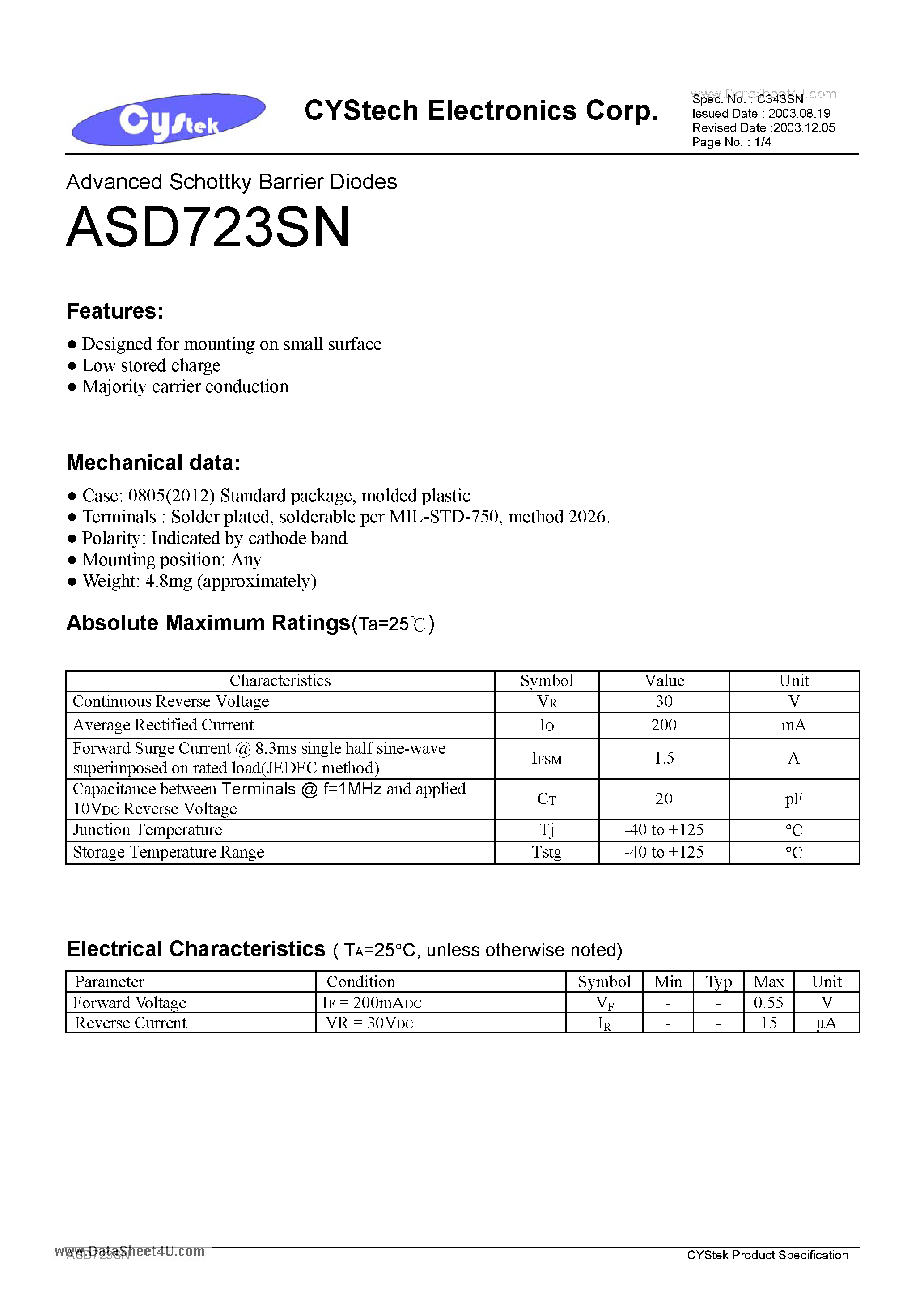 Datasheet ASD723SN - Advanced Schottky Barrier Diodes page 1