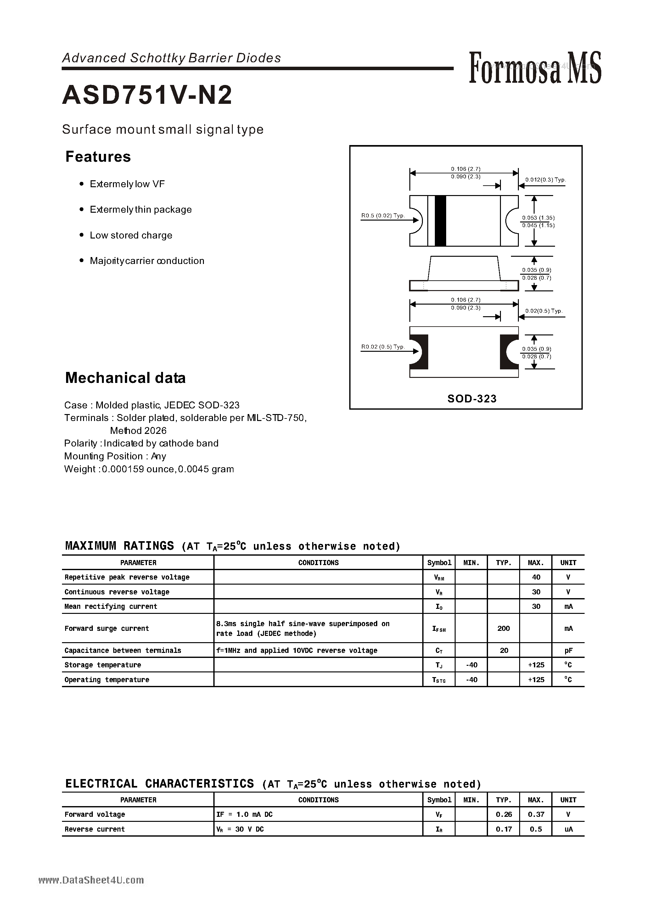 Datasheet ASD751V-N2 page 1 Datasheet ASD751V-N2 - Advanced Schottky Barrier Diodes page 1