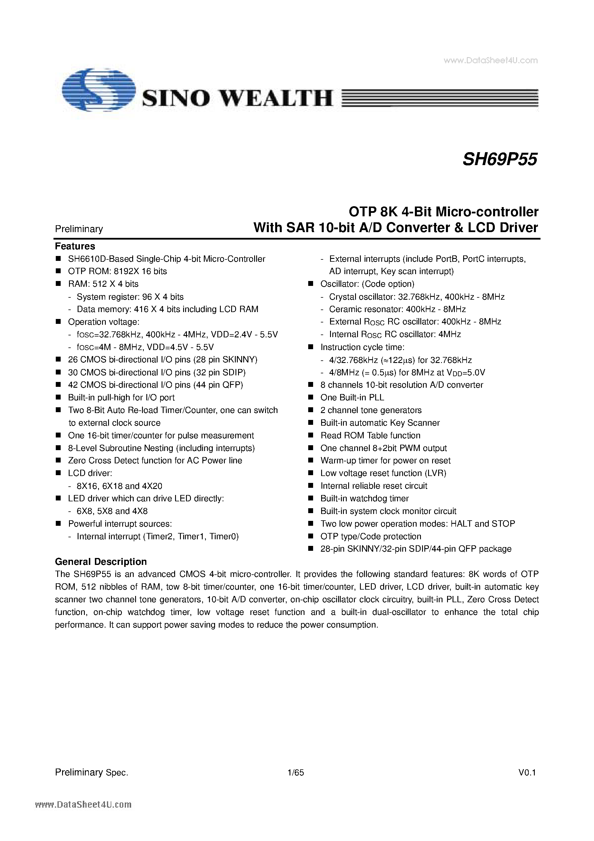 Datasheet SH69P55 - OTP 8K 4-Bit Micro-controller page 1