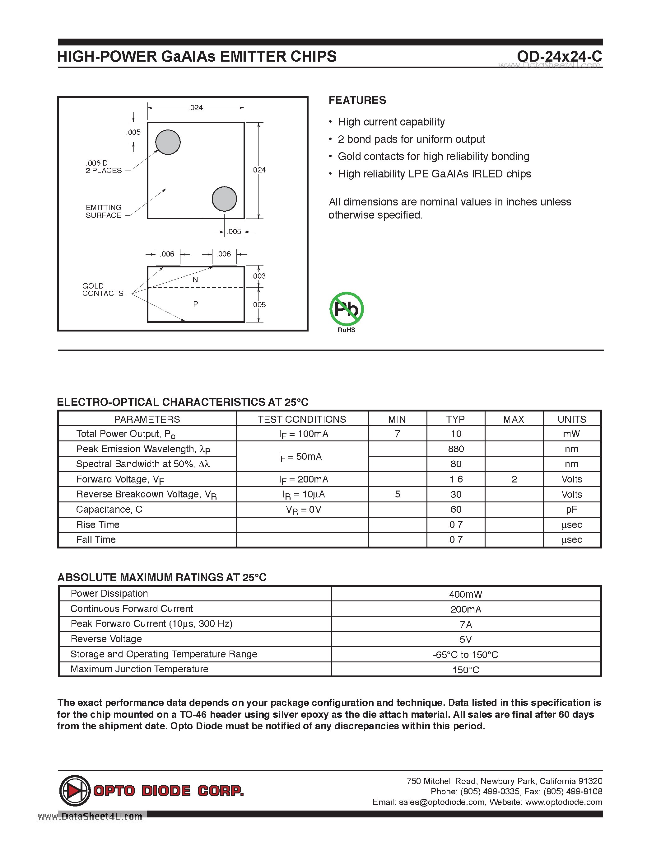Даташит OD-24X24-C - HIGH-POWER GaAlAs EMITTER CHIPS страница 1