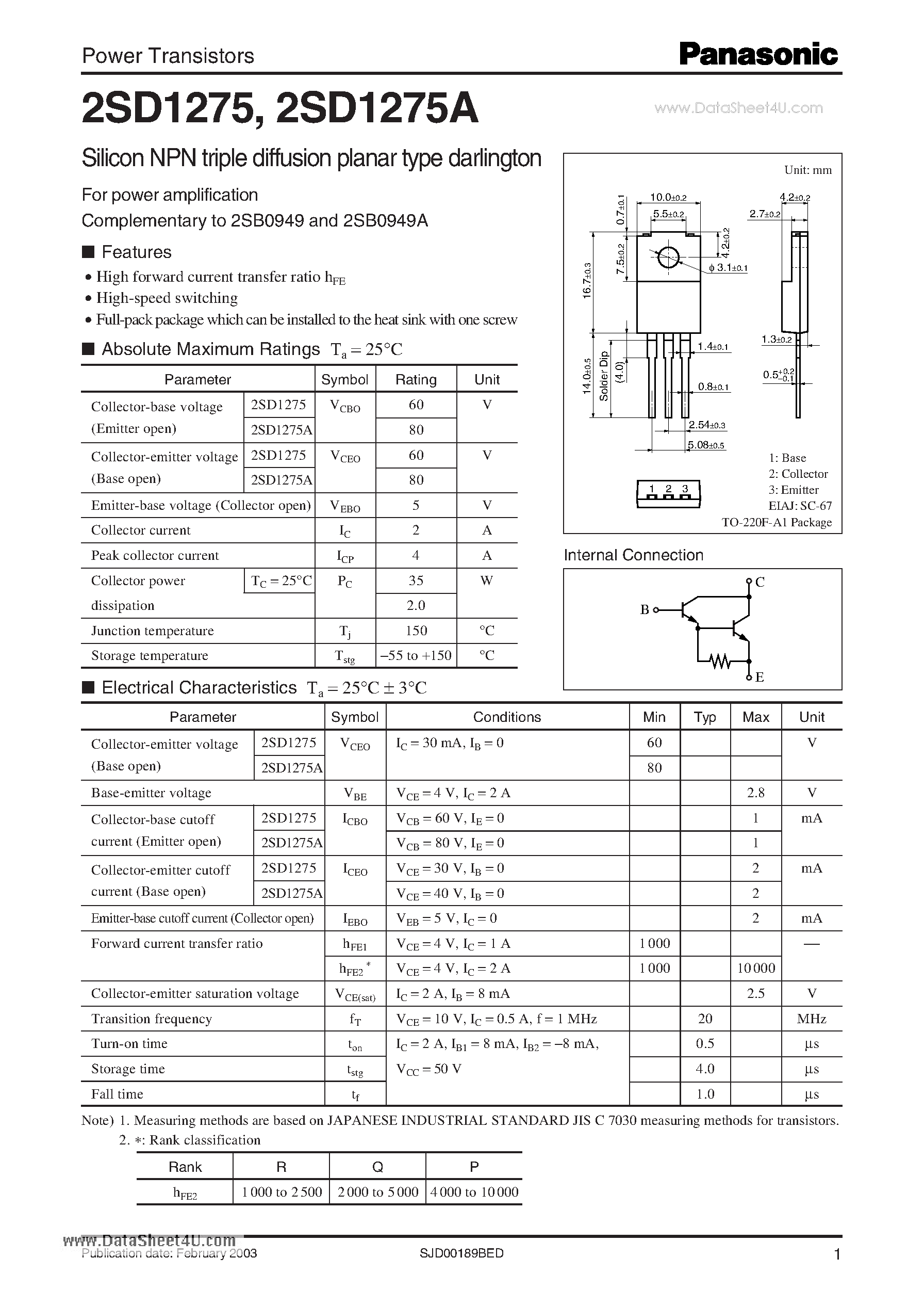Datasheet D1275A page 1 Datasheet D1275A - Search -----> 2SD1275A page 1