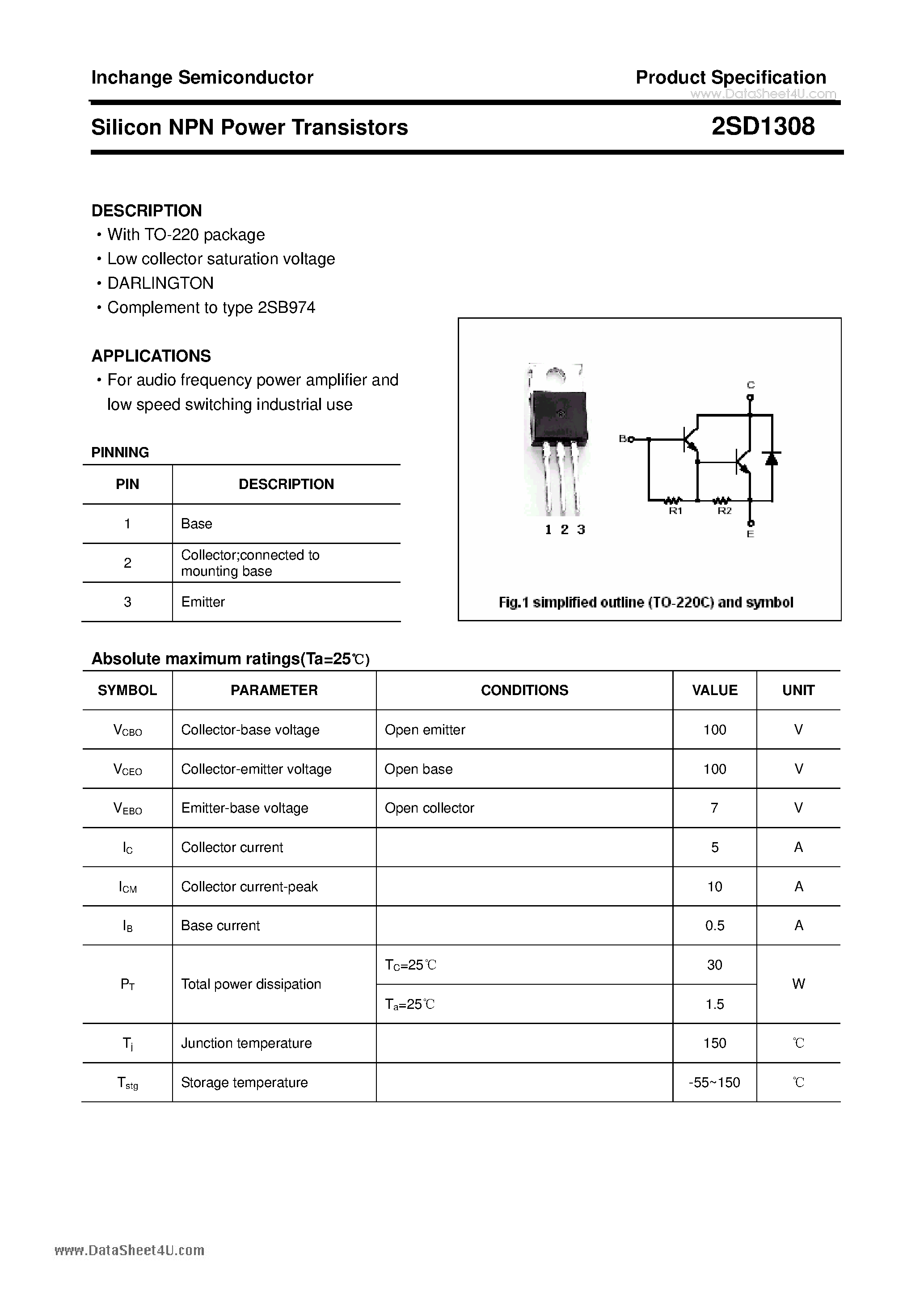 Datasheet D1308 - Search -----> 2SD1308 page 1